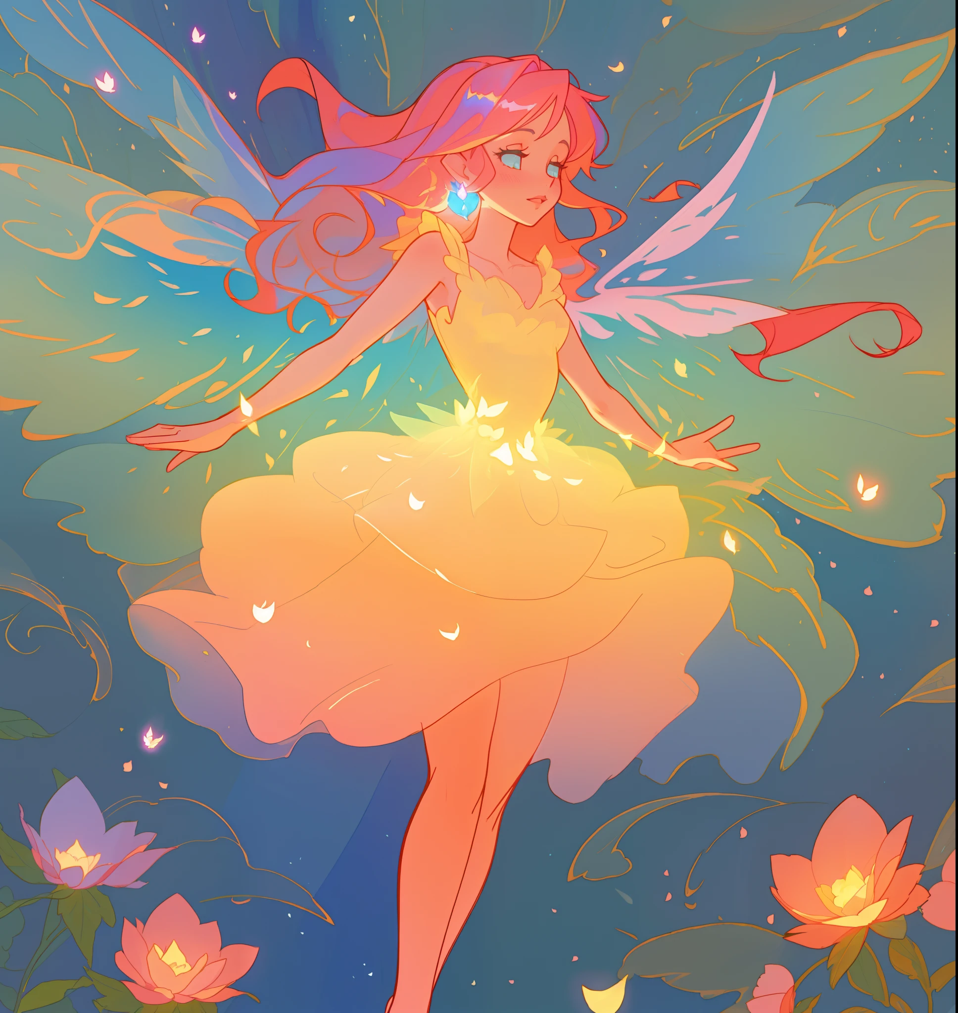beautiful fairy girl in a sparkling layered dress, long flowing pink peach red hair, (large sparkling colorful fairy wings on her back), colorful fantasia background, flowers meadow, watercolor illustration, disney art style, glowing aura around her, glowing lights, beautiful digital illustration, fantasia otherworldly landscape plants flowers, beautiful, masterpiece, best quality, anime disney style