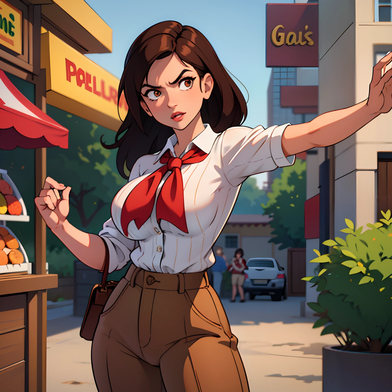 Denise milani, solo, tan skin, brown hair, 20s style adventurer outfit, torso up, looking at viewer,  white pinstripe button shirt, red neckerchief, angry glare, brown pants, gun strapped to hip, talking, mouth open, standing in front of Brazilian market, vendors,