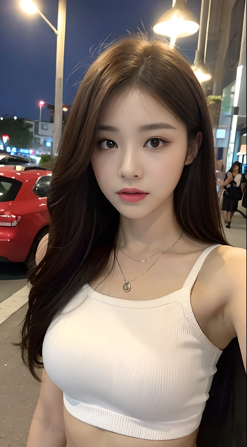 ((Realistic lighting, Best quality, 8K, Masterpiece: 1.3)), Clear focus: 1.2, 1girl, Perfect beauty: 1.4, Big breasts: 1.2, Slim abs: 1.1, ((dark brown hair)), (White crop top: 1.4), (Outdoor, night: 1.1), City streets, Super fine face, fine eyes, Double eyelids,