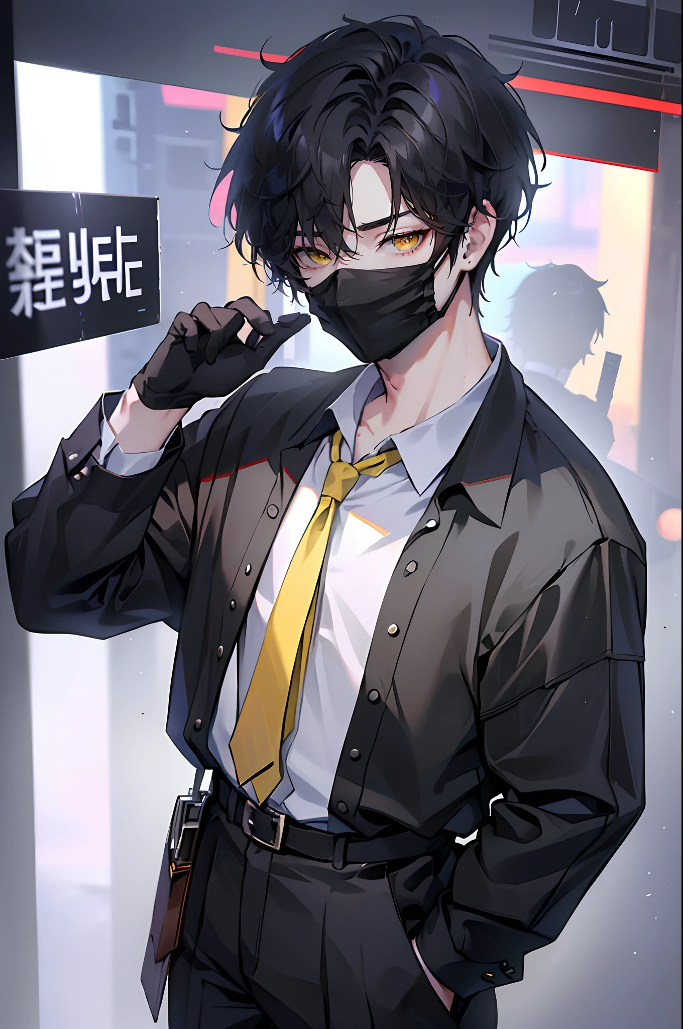 (4K works))、​masterpiece、(top-quality)、Korean Male、Adult male、((Adult 26 years old))、((Face similar to Hyun Jin))、Cool Men、((Unmotivated look))、((Black high school boy style))、((Wear a black mask))、((How to stand selling fights))、((Cheeky way of standing))、((hooligan))、((Black short-haired))、((Yellow eyes))、((shot from front))、((Looking down on the viewer))、((rearing))、Pose with hands on the head