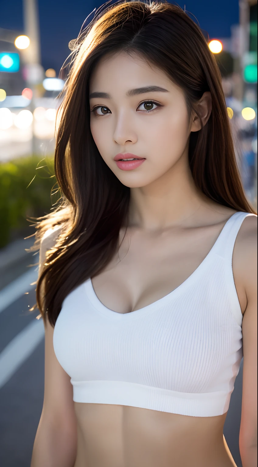 ((Best quality, 8k, Masterpiece :1.3)), Sharp focus :1.2, A pretty woman with perfect figure :1.4, Slender abs :1.2, ((Dark brown hair, Big breasts :1.2)), (Natural light, City street:1.1), Highly detailed face and skin texture, Detailed eyes, Double eyelid