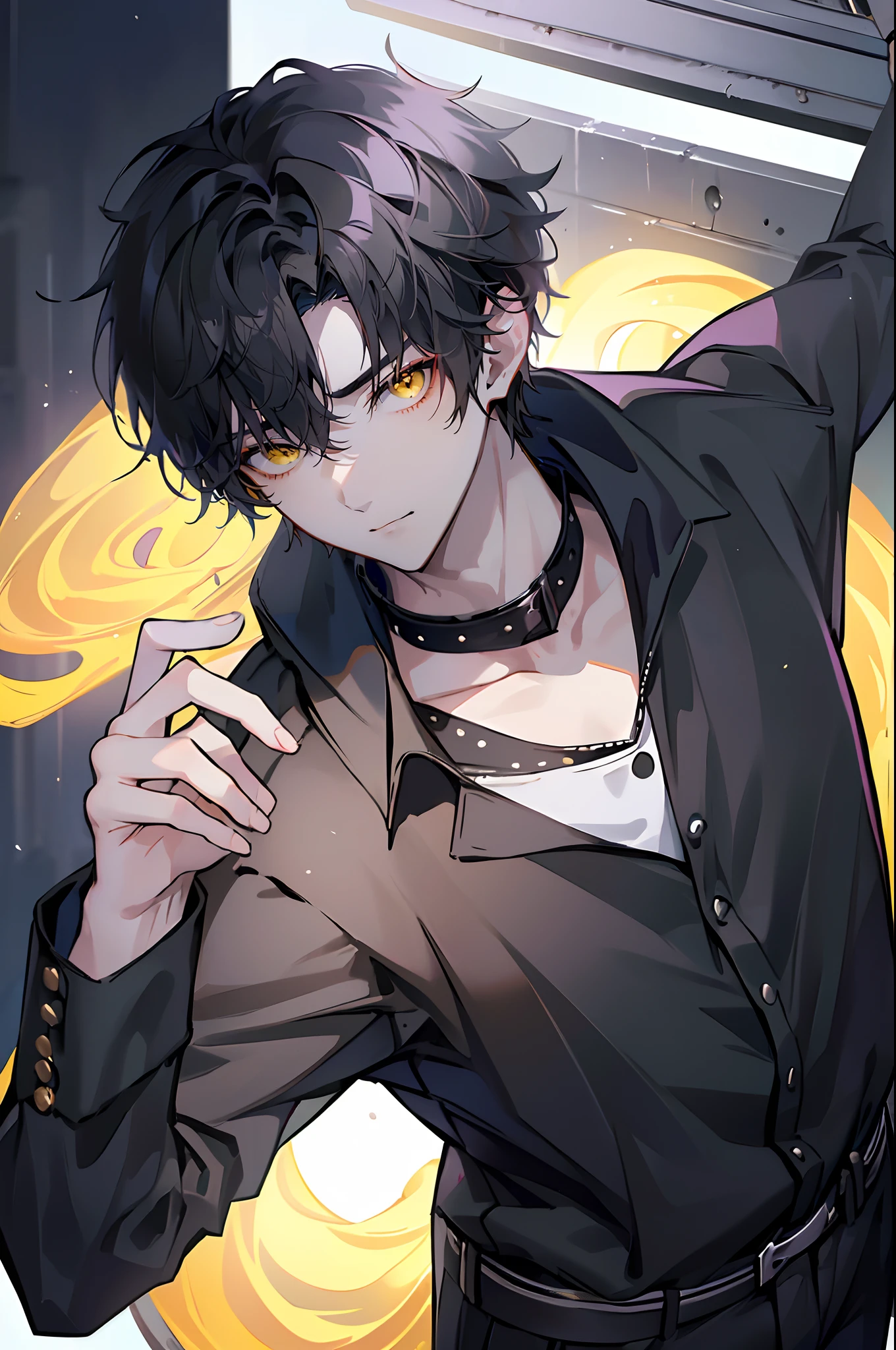 (4K works))、​masterpiece、(top-quality)、Korean Male、Adult male、((Adult 26 years old))、((Face similar to Hyun Jin))、Cool Men、((Unmotivated look))、((Black high school boy style))、((Wear a black mask))、((How to stand selling fights))、((Cheeky way of standing))、((hooligan))、((Black short-haired))、((Yellow eyes))、((shot from front))、((Looking down on the viewer))、((rearing))、Pose with hands on the head