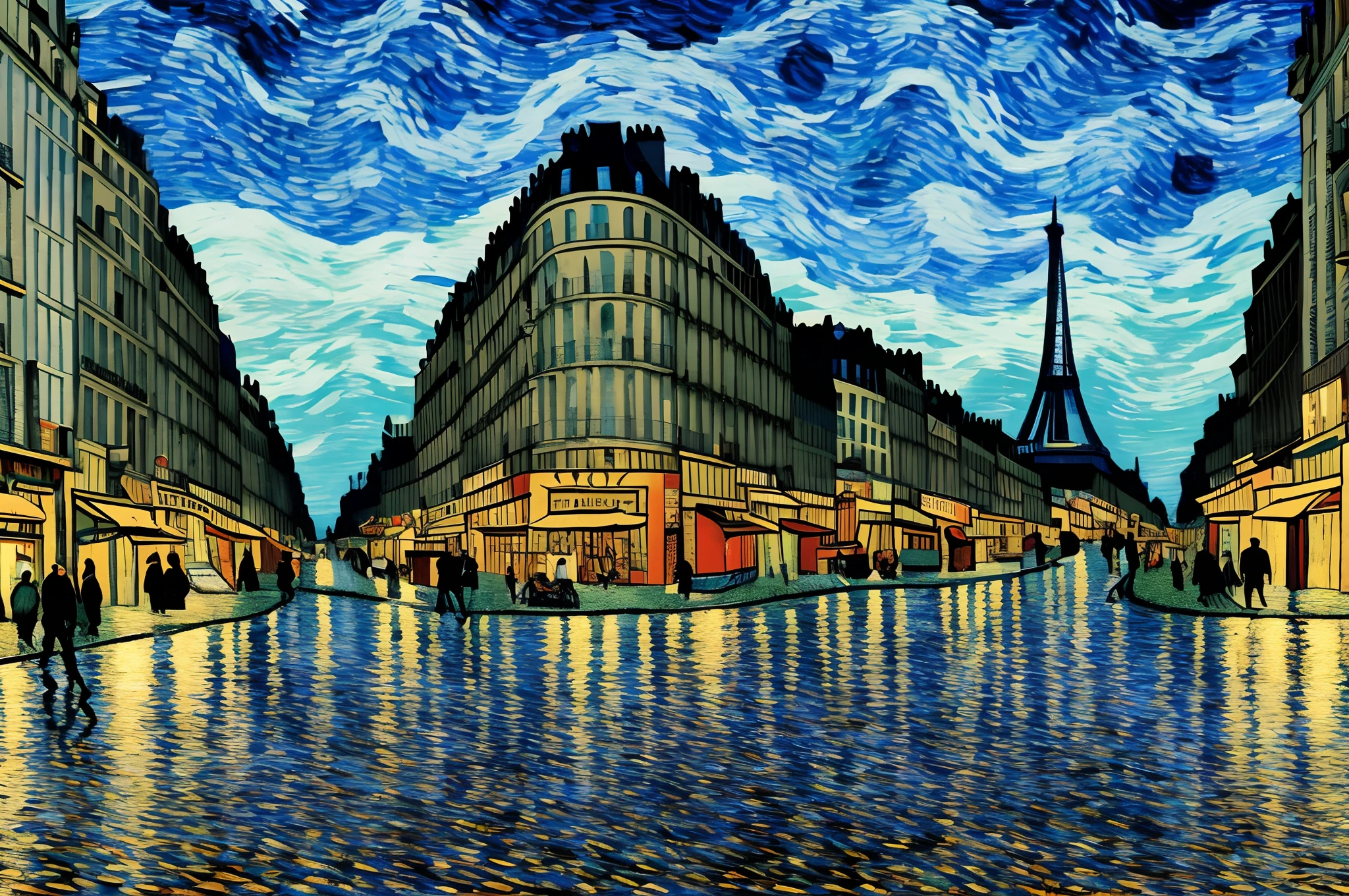 Buzzling town in paris, leftover ripples from the rain on the ground, van gogh style, surrealism, hyper detailed, ultraHD, 8K