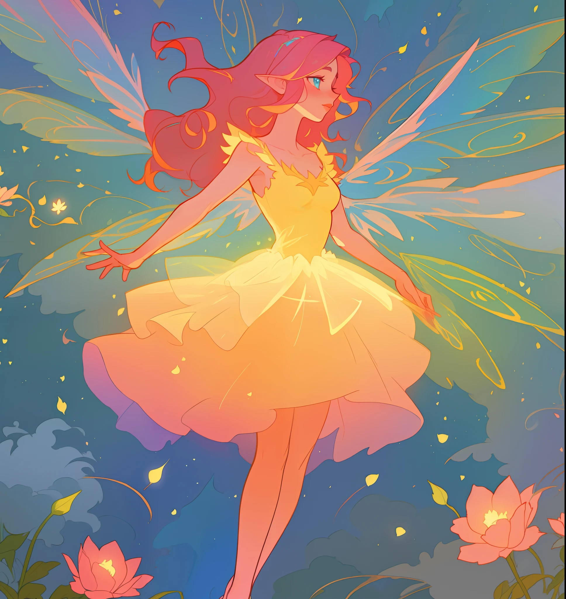 beautiful girl in flowing tiered layered ballgown dress, fairy dress, fairy queen, magical forest background, (glowing fairy wings), glowing flowing ballgown, long wavy hair, sparkling fairy wings, watercolor illustration, flowers and colorful plants, inspired by Glen Keane, inspired by Lois van Baarle, disney art style, by Lois van Baarle, glowing aura around her, by Glen Keane, jen bartel, glowing lights! digital painting, flowing glowing hair, glowing flowing hair, beautiful digital illustration, fantasia otherworldly landscape plants flowers, beautiful, masterpiece, best quality, anime disney style