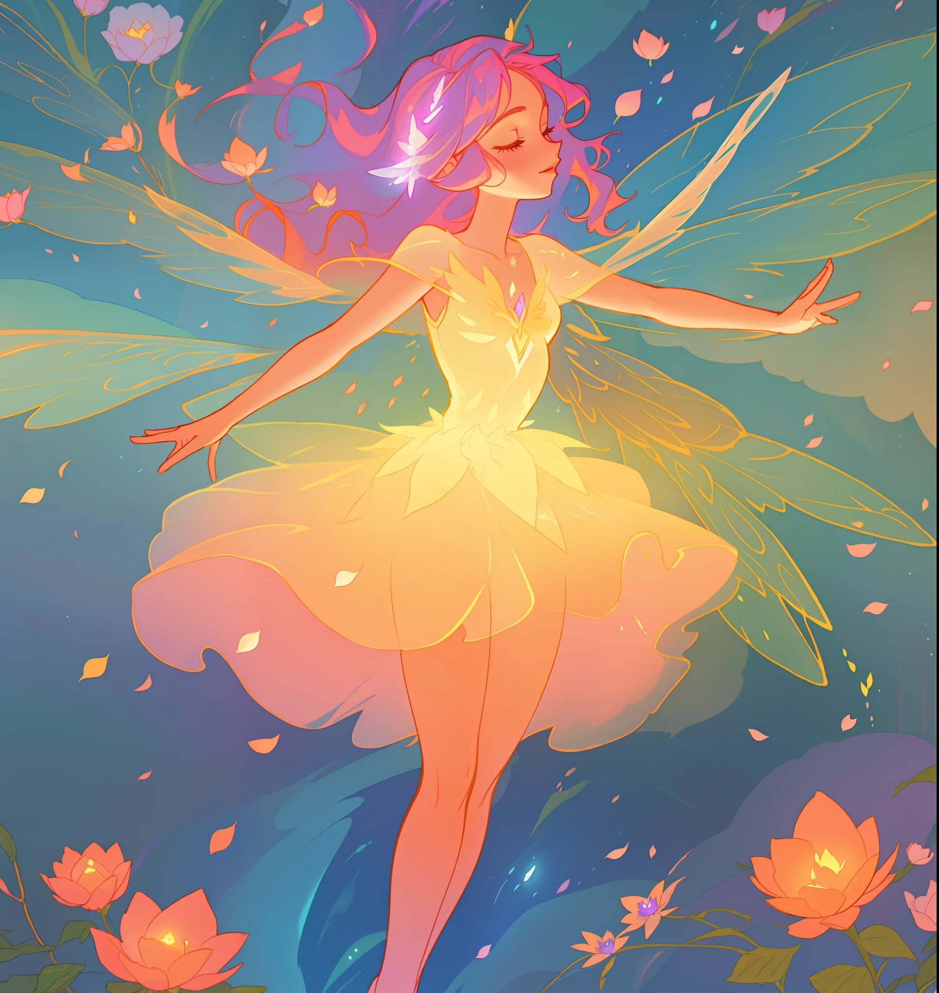 beautiful fairy girl in tiered layered dress, fairy dress made of flower petals, gradient layered tutu skirt, magical flowers, fairy queen, magical forest background, (glowing fairy wings), long wavy hair, sparkling fairy wings, watercolor illustration, flowers and colorful plants, inspired by Glen Keane, inspired by Lois van Baarle, disney art style, by Lois van Baarle, glowing aura around her, by Glen Keane, jen bartel, glowing lights! digital painting, flowing glowing hair, glowing flowing hair, beautiful digital illustration, fantasia otherworldly landscape plants flowers, beautiful, masterpiece, best quality, anime disney style