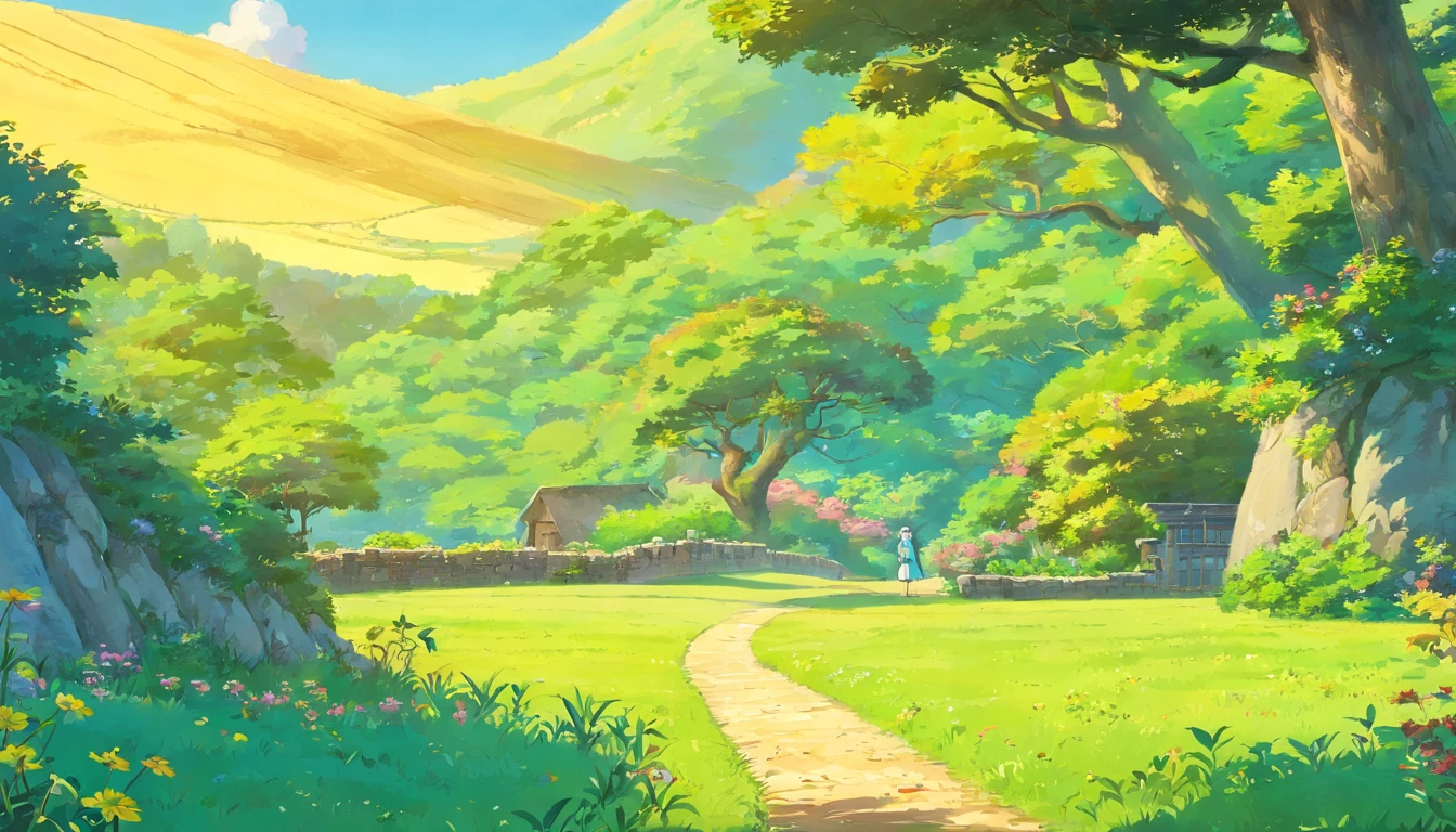A landscape of a peaceful world, Flores silvestres, brazi, The sun shines in the blue sky, campos de cultivo ao fundo, In the distance, Um homem de cabelos castanhos escuros curtos e roupas claras olha para a paisagem acompanhado de seu gato preto, obra-prima, alta qualidade, no estilo de paisagens de jardim tranquilo.