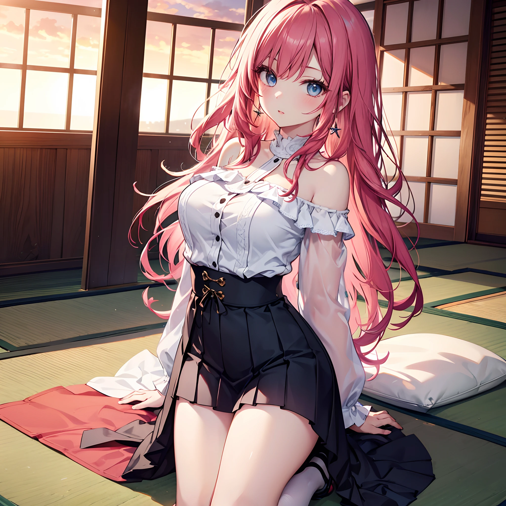 Realistic and detailed image of a girl dressed in an off-shoulder blouse and pleated mini skirt. She has long wavy pinkish red hair. Light blue eyes. She has earrings, long eyelashes. She has full lips, medium breasts, slim waist, very wide hips and thick thighs. breast view, panty view. Back arched. She is kneeling on a tatami mat with rays of the sun at sunset.