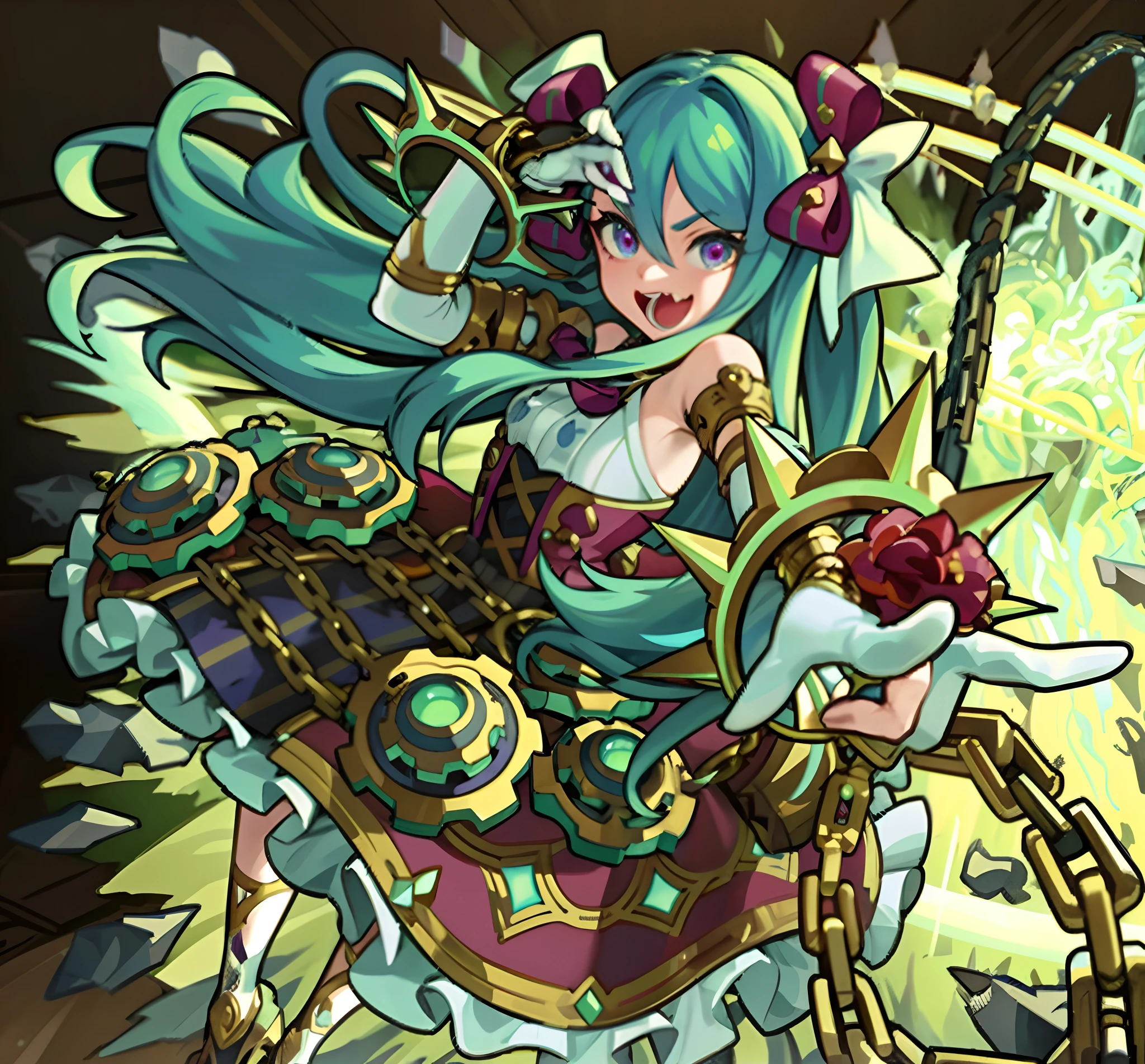 a close up of a cartoon character holding a sword and a sword, official artwork, mechanized witch girl, holy cyborg necromancer girl, mechanized valkyrie girl, gear aurora, portrait knights of zodiac girl, splash art anime loli, armor girl, by Kamagurka, official art, changelingcore, miku, vanillaware artwork