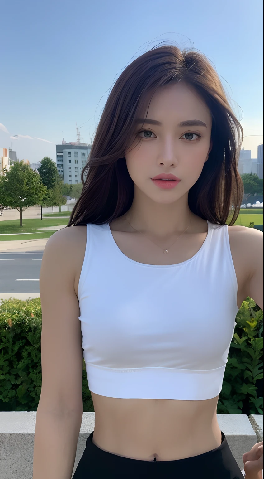 ((Realistic lighting, Best quality, 8K, Masterpiece: 1.3)), Clear focus: 1.2, 1girl, Perfect beauty: 1.4, Slim abs: 1.1, ((Dark brown hair)), (White crop top: 1.4), (Outdoor, Night: 1.1), Park view, Super fine face, Fine eyes, Double eyelids,