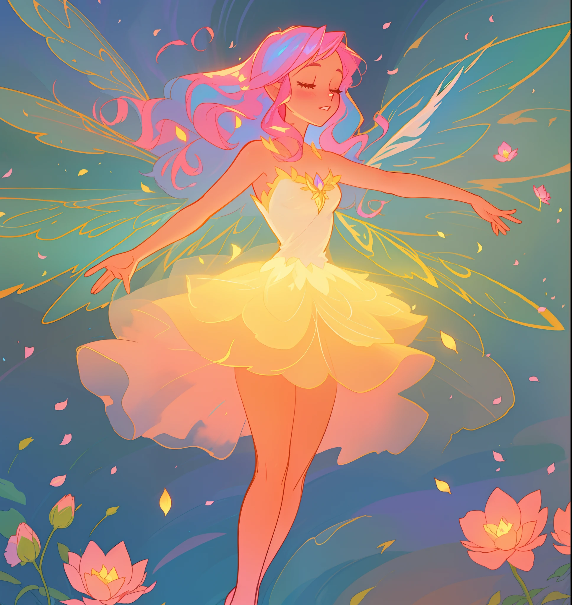 beautiful fairy girl in tiered layered dress, fairy dress made of flower petals, gradient layered tutu skirt, magical flowers, fairy queen, magical forest background, (glowing fairy wings), long wavy hair, sparkling fairy wings, watercolor illustration, flowers and colorful plants, inspired by Glen Keane, inspired by Lois van Baarle, disney art style, by Lois van Baarle, glowing aura around her, by Glen Keane, jen bartel, glowing lights! digital painting, flowing glowing hair, glowing flowing hair, beautiful digital illustration, fantasia otherworldly landscape plants flowers, beautiful, masterpiece, best quality, anime disney style