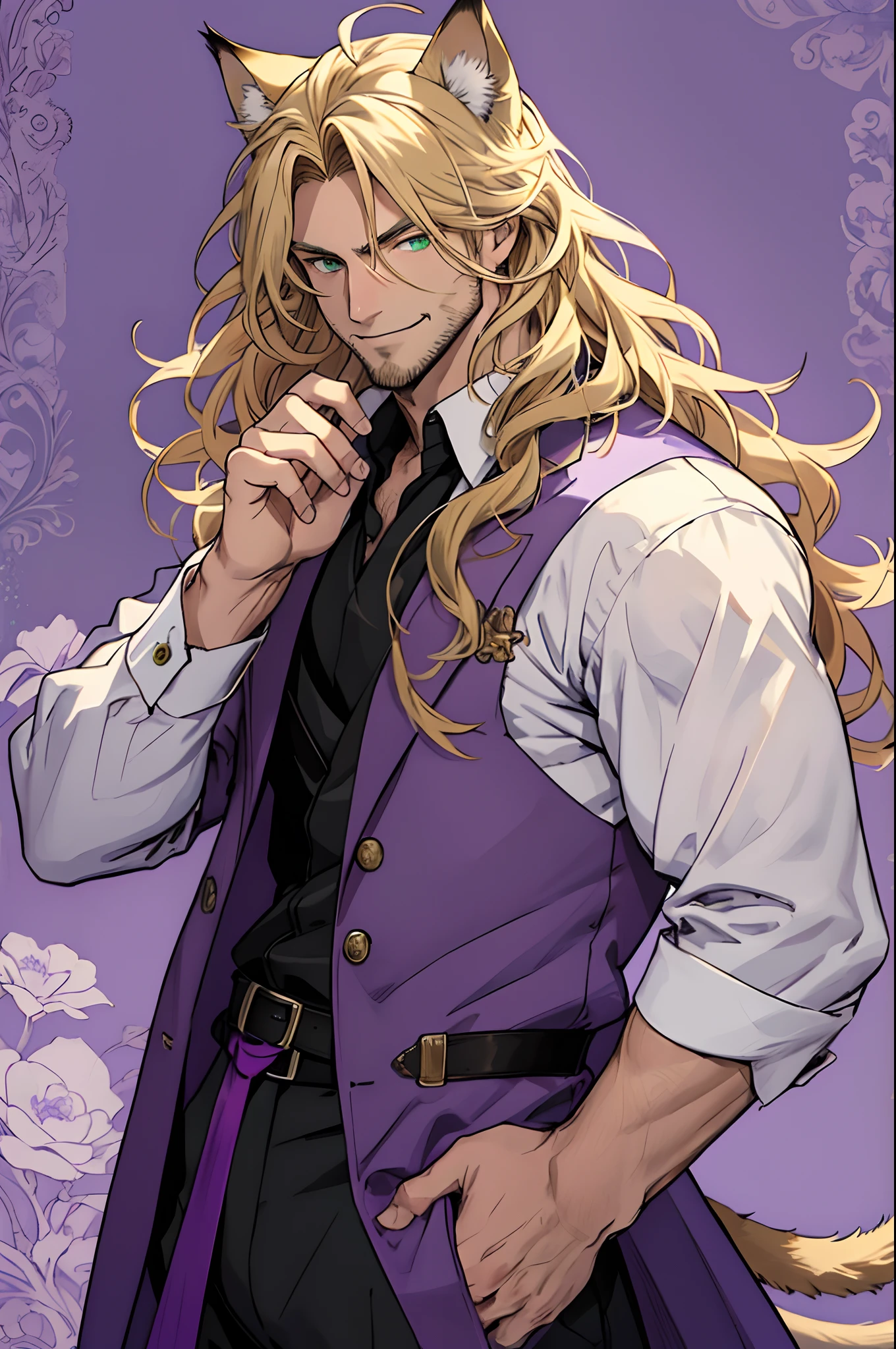 Purple coat, one male, cat ears, long hair, blond, blond hair, green eyes, tall, muscular, white shirt, beautiful face, highest quality, masterpiece, 2d, anime, perfect face, highest detail, feline eyes, stubble, cat tail, wavy hair, cowboy shot, detailed face, intricate details, smile, purple paisley background, human hands, five fingers