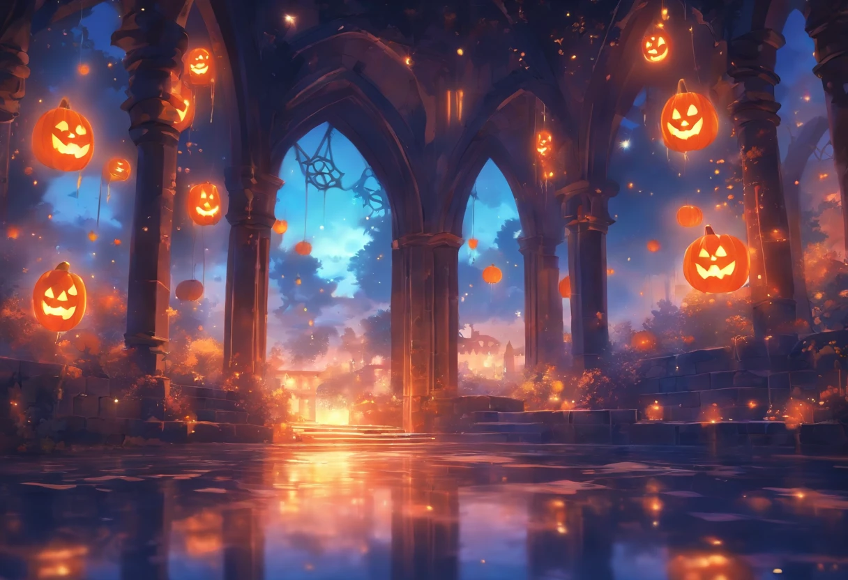 Halloween floating lights, cinematic light and reflections, Glowing lights, Intermediate metaverse elements,Digital painting, glowing reflections, Pondering, Halloween Jack Lantern, calm evening, Digital illustration, Beautiful atmosphere, Skylight at night, Peaceful evening atmosphere, Jack-o'-lantern, Halloween, the night, themoon, game scenes, Halloween, Surrounded by clouds, Architecture of medieval Europe, glazed tiles, European Union, Gorgeous colors, There are three arches in the foreground((Color ink)), ( (Splash ink ) ), ((Splash ink) Inky})), tmasterpiece, high qulity, Beautiful graphics, high detal,Magnificent