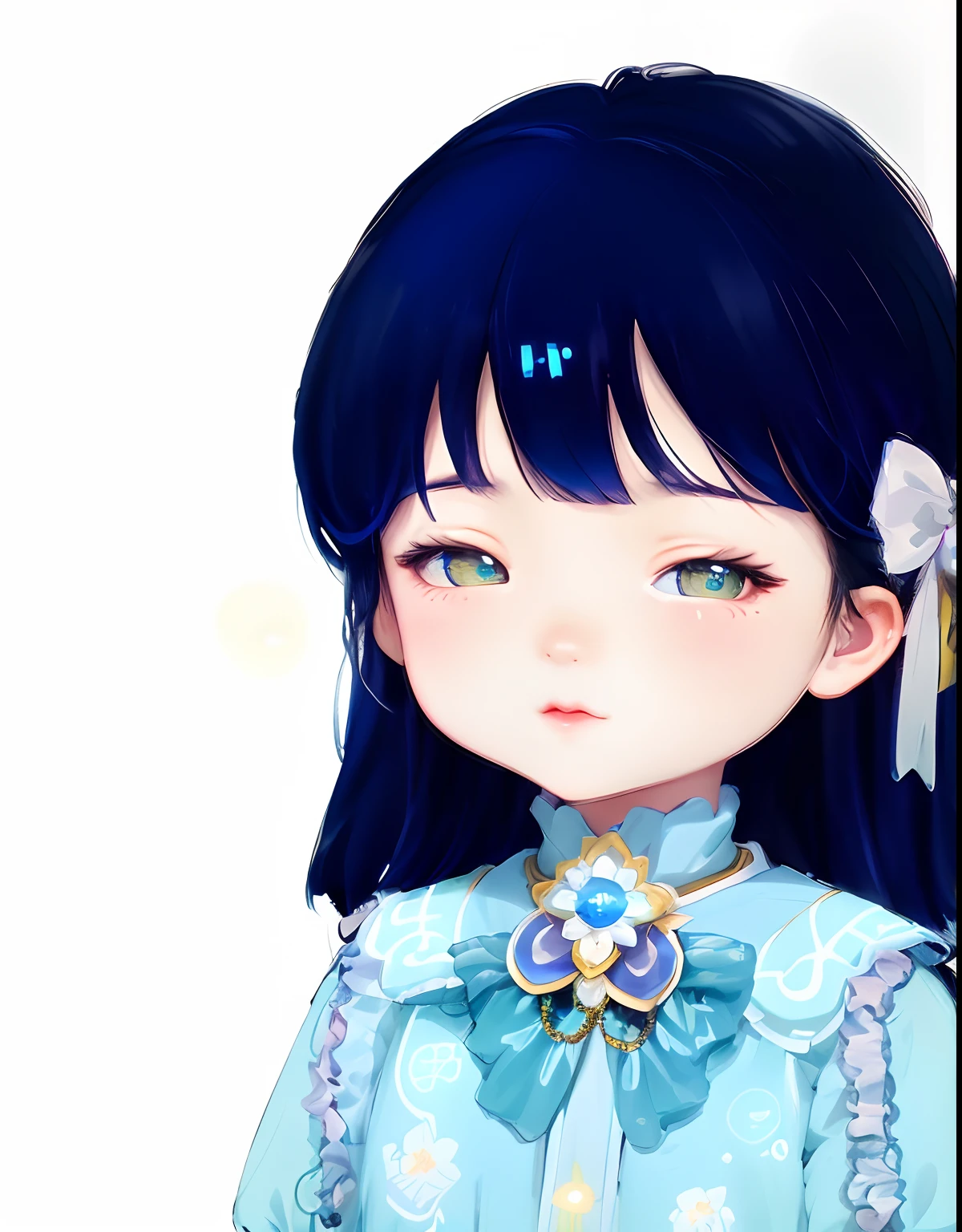 Uma jovem realista, with three-dimensional facial features, menina anime com cabelo preto e blusa azul com flor branca, kawaii retrato realista, Loli, Ela tem cabelo preto com franja, No estilo de arte Bowater, visual anime de uma menina bonito, inspirado em Ma Yuanyu, menina pequena loli, Soft anime illustration, menina kawaii bonito, anime moe artstyle, pintura super detalhe, luminescence, bar lighting, Art Portrait Complex 4K Resolution Concept, Fractal Isometric Details of Bioluminescence: An amazing realistic picture for 30 years