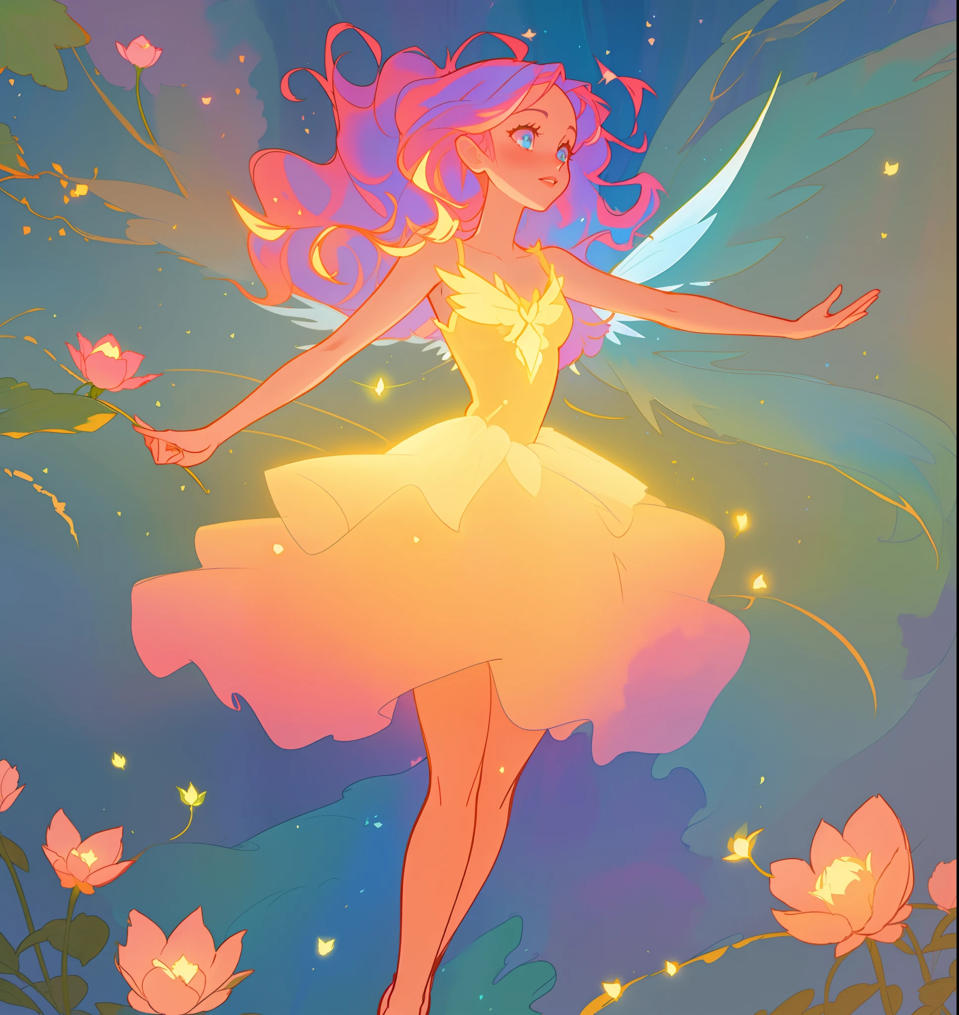 beautiful girl in flowing tiered layered ballgown dress, fairy dress, fairy queen, magical forest background, (glowing fairy wings), glowing flowing ballgown, long wavy hair, sparkling fairy wings, watercolor illustration, flowers and colorful plants, inspired by Glen Keane, inspired by Lois van Baarle, disney art style, by Lois van Baarle, glowing aura around her, by Glen Keane, jen bartel, glowing lights! digital painting, flowing glowing hair, glowing flowing hair, beautiful digital illustration, fantasia otherworldly landscape plants flowers, beautiful, masterpiece, best quality, anime disney style