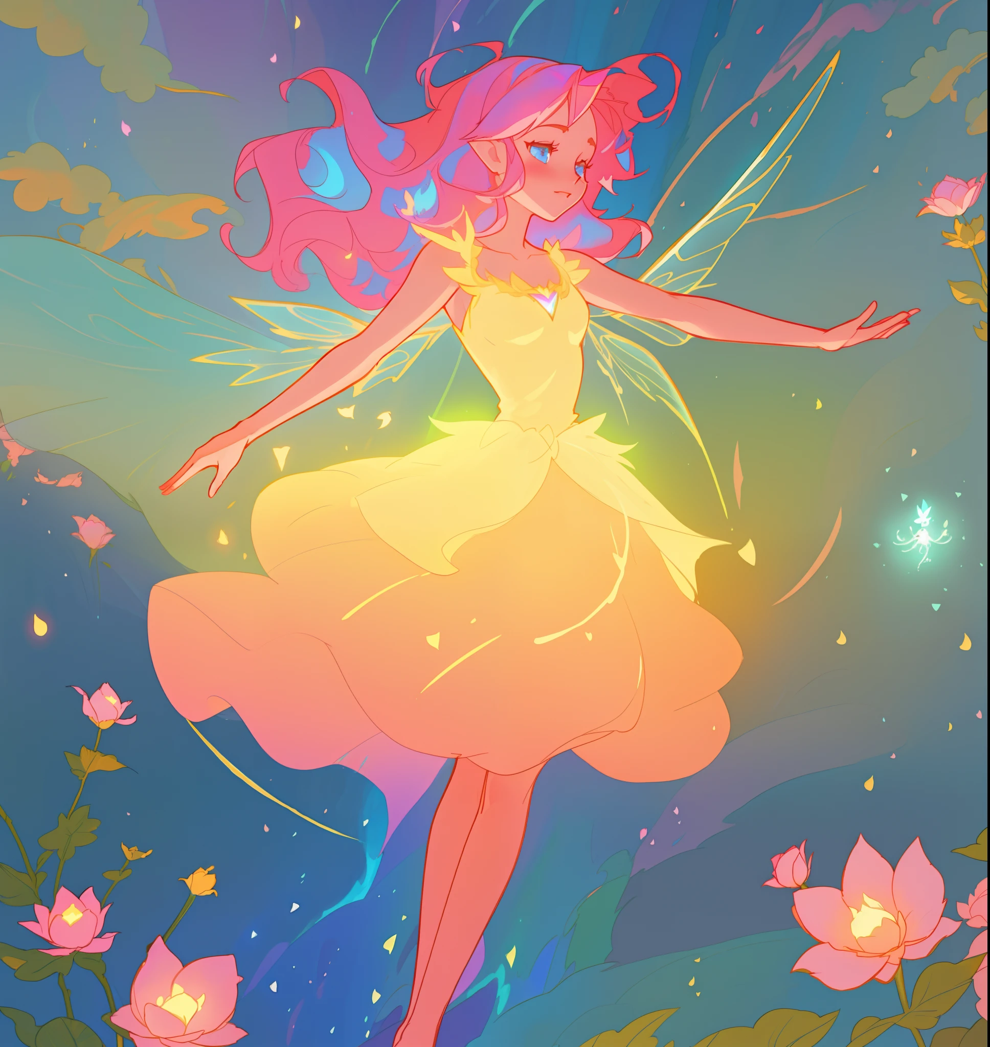 beautiful girl in flowing tiered layered ballgown dress, fairy dress, fairy queen, magical forest background, (glowing fairy wings), glowing flowing ballgown, long wavy hair, sparkling fairy wings, watercolor illustration, flowers and colorful plants, inspired by Glen Keane, inspired by Lois van Baarle, disney art style, by Lois van Baarle, glowing aura around her, by Glen Keane, jen bartel, glowing lights! digital painting, flowing glowing hair, glowing flowing hair, beautiful digital illustration, fantasia otherworldly landscape plants flowers, beautiful, masterpiece, best quality, anime disney style