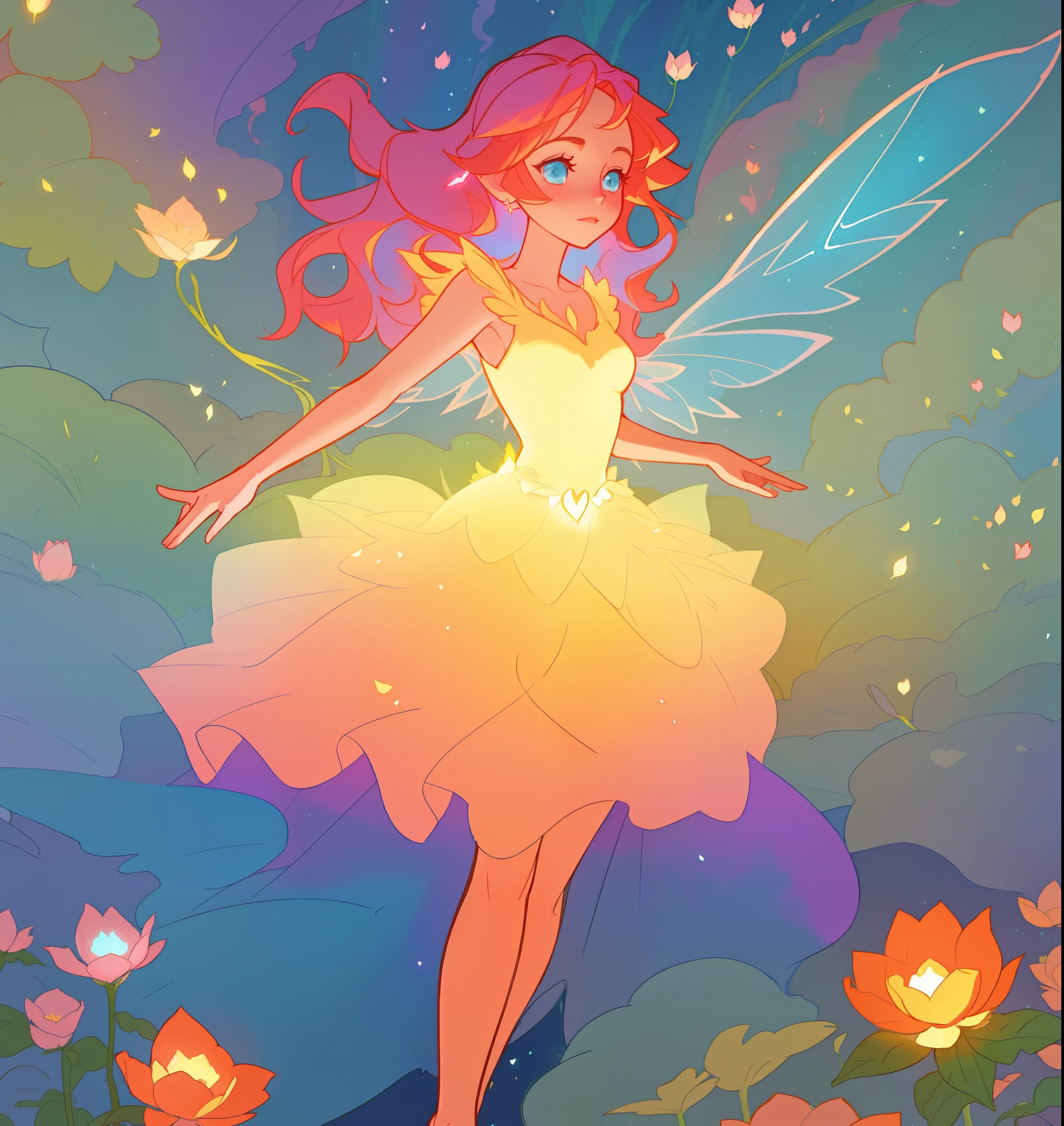 beautiful girl in flowing tiered layered ballgown dress, fairy dress, fairy queen, magical forest background, (glowing fairy wings), glowing flowing ballgown, long wavy hair, sparkling fairy wings, watercolor illustration, flowers and colorful plants, inspired by Glen Keane, inspired by Lois van Baarle, disney art style, by Lois van Baarle, glowing aura around her, by Glen Keane, jen bartel, glowing lights! digital painting, flowing glowing hair, glowing flowing hair, beautiful digital illustration, fantasia otherworldly landscape plants flowers, beautiful, masterpiece, best quality, anime disney style