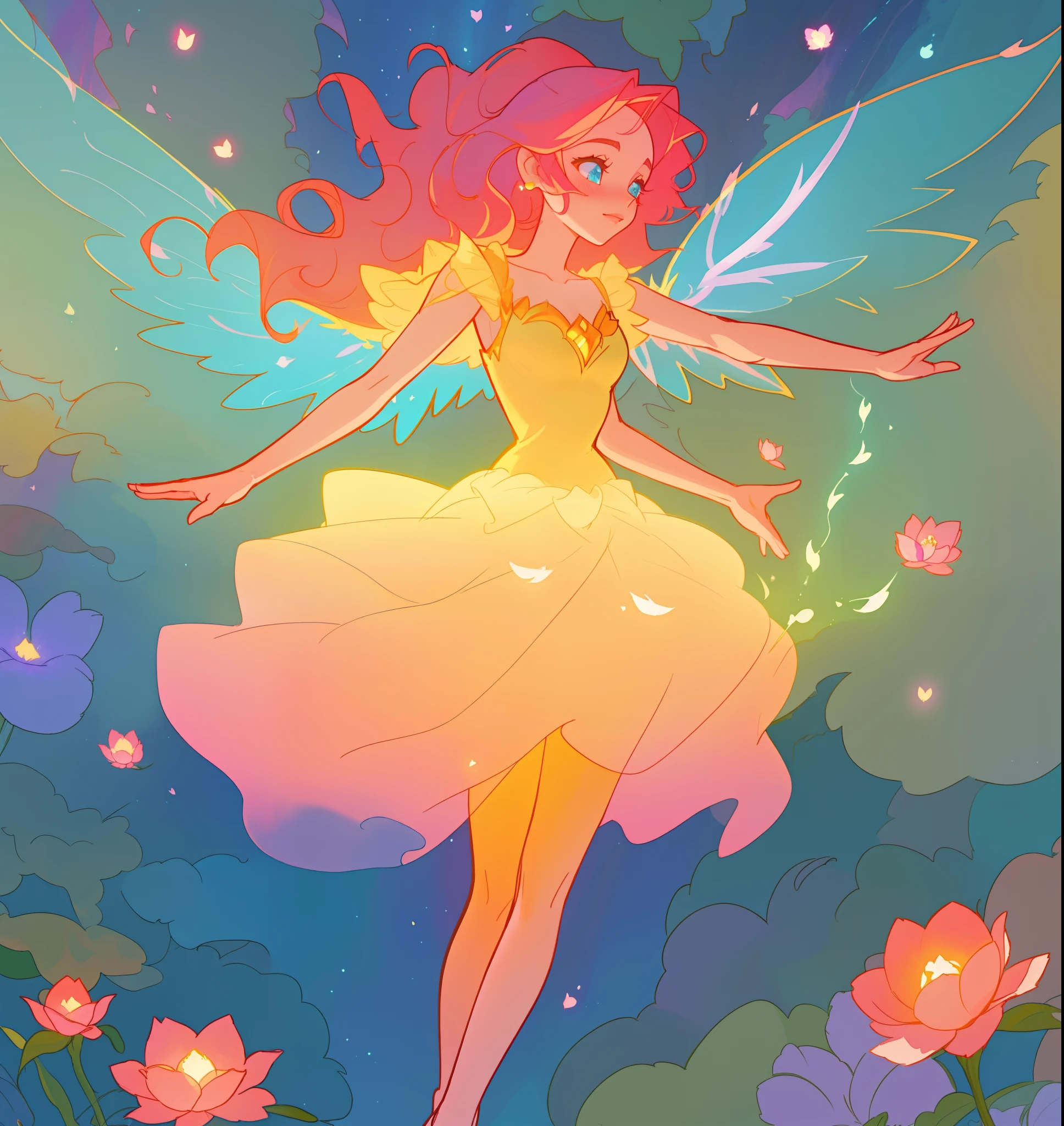 beautiful girl in flowing tiered layered ballgown dress, fairy dress, fairy queen, magical forest background, (glowing fairy wings), glowing flowing ballgown, long wavy hair, sparkling fairy wings, watercolor illustration, flowers and colorful plants, inspired by Glen Keane, inspired by Lois van Baarle, disney art style, by Lois van Baarle, glowing aura around her, by Glen Keane, jen bartel, glowing lights! digital painting, flowing glowing hair, glowing flowing hair, beautiful digital illustration, fantasia otherworldly landscape plants flowers, beautiful, masterpiece, best quality, anime disney style