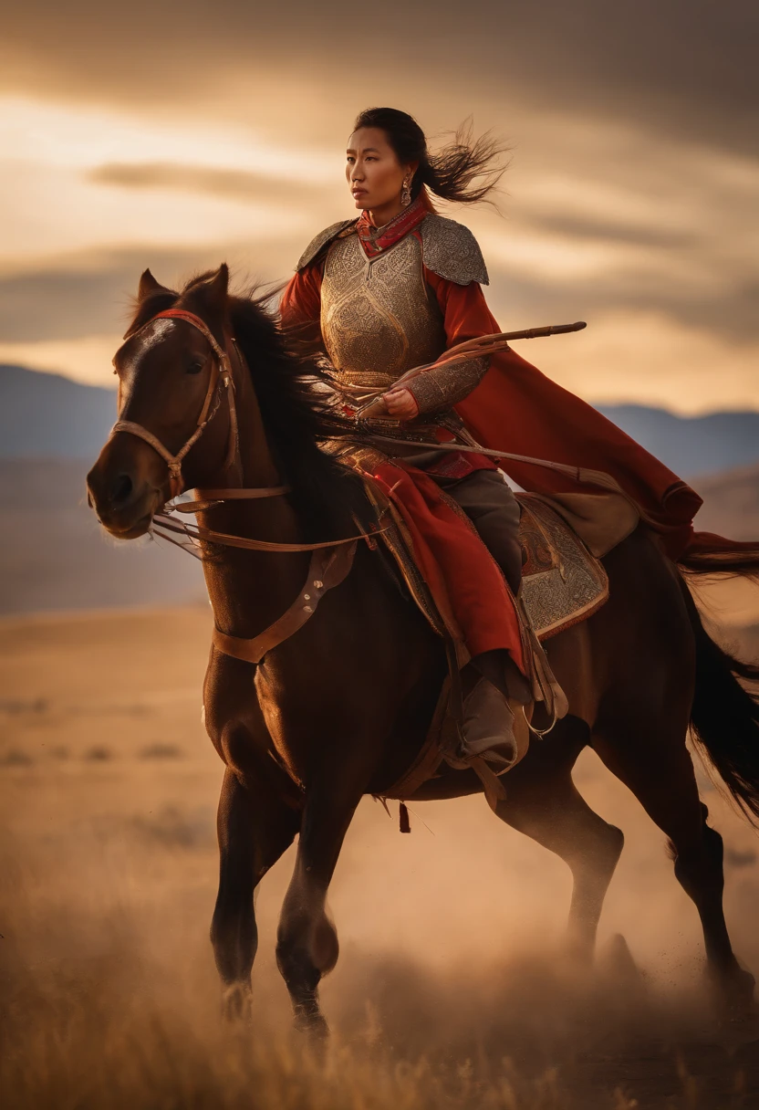 A girl on horseback, majestic Mongolian landscape, traditional Mongolian attire, flowing manes, intense gaze, strong warrior stance, vibrant color palette, golden sunlight, dust kicked up by horses, distant mountains, vast open steppe, nomadic culture, peaceful yet powerful presence, authentic cultural heritage, detailed facial features, realistic horse anatomy, dynamic action, traditional weapons, battle-ready Mongolian army, epic historical scene, photorealistic rendering, intricate armor design, intricate embroidery, masterful brushwork, high-resolution masterpiece:1.2, rich textures, traditional calligraphy motifs, iconic Mongolian symbols, impressive scale, dramatic lighting effects, thrilling energy, captivating narrative, skilled archery display, immersive storytelling, fine art aesthetic, compelling composition.