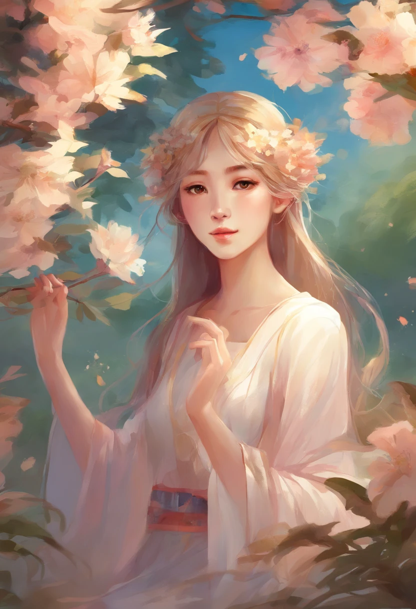 Komono、Watercolor style、s girl、Nestled under an apple tree、Flower tan、simplicity、plain、Raising bangs、up hair 、 Front flower comb