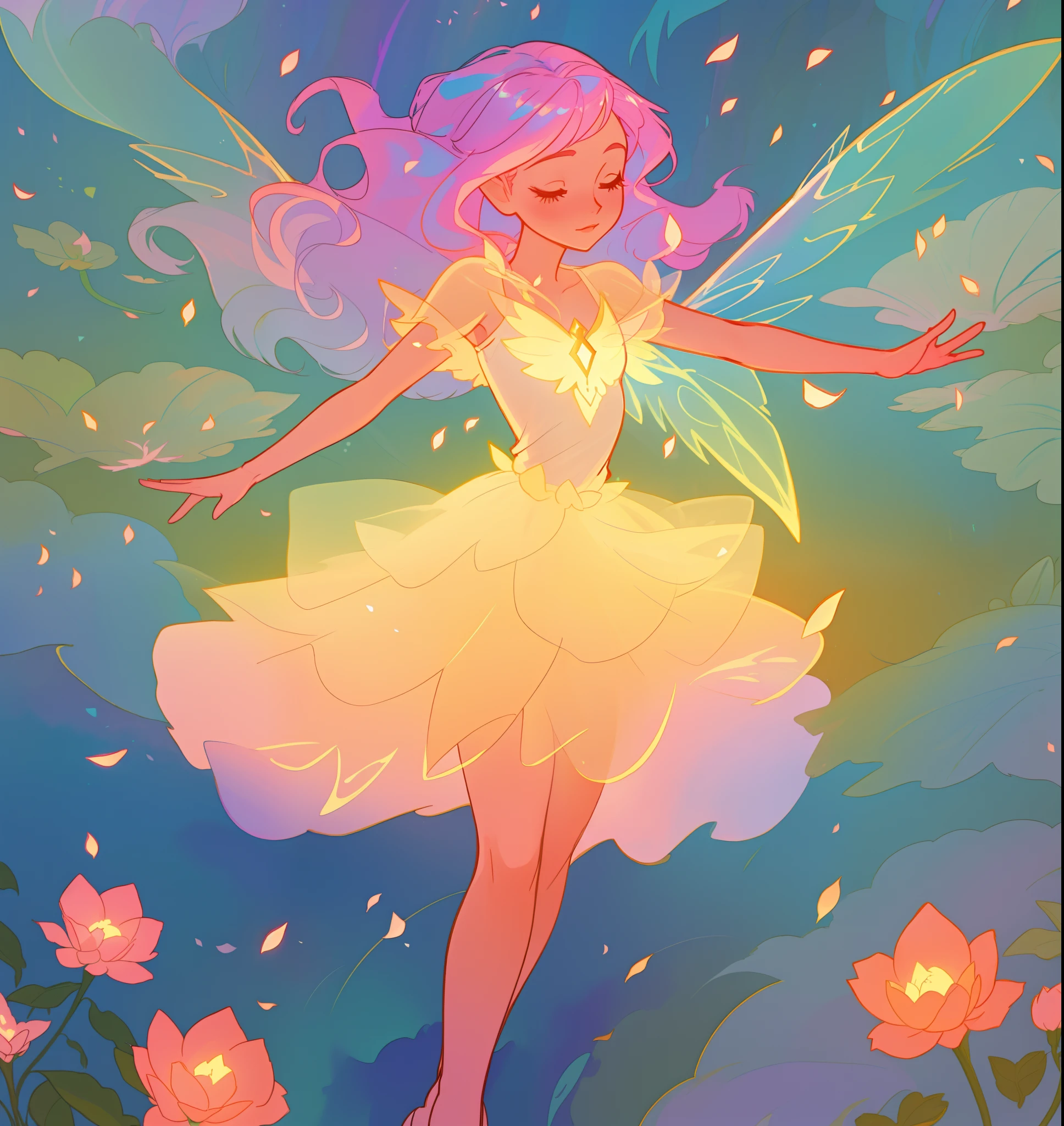 beautiful fairy girl in tiered layered dress, fairy dress made of flower petals, gradient layered tutu skirt, magical flowers, fairy queen, magical forest background, (glowing fairy wings), long wavy hair, sparkling fairy wings, watercolor illustration, flowers and colorful plants, inspired by Glen Keane, inspired by Lois van Baarle, disney art style, by Lois van Baarle, glowing aura around her, by Glen Keane, jen bartel, glowing lights! digital painting, flowing glowing hair, glowing flowing hair, beautiful digital illustration, fantasia otherworldly landscape plants flowers, beautiful, masterpiece, best quality, anime disney style