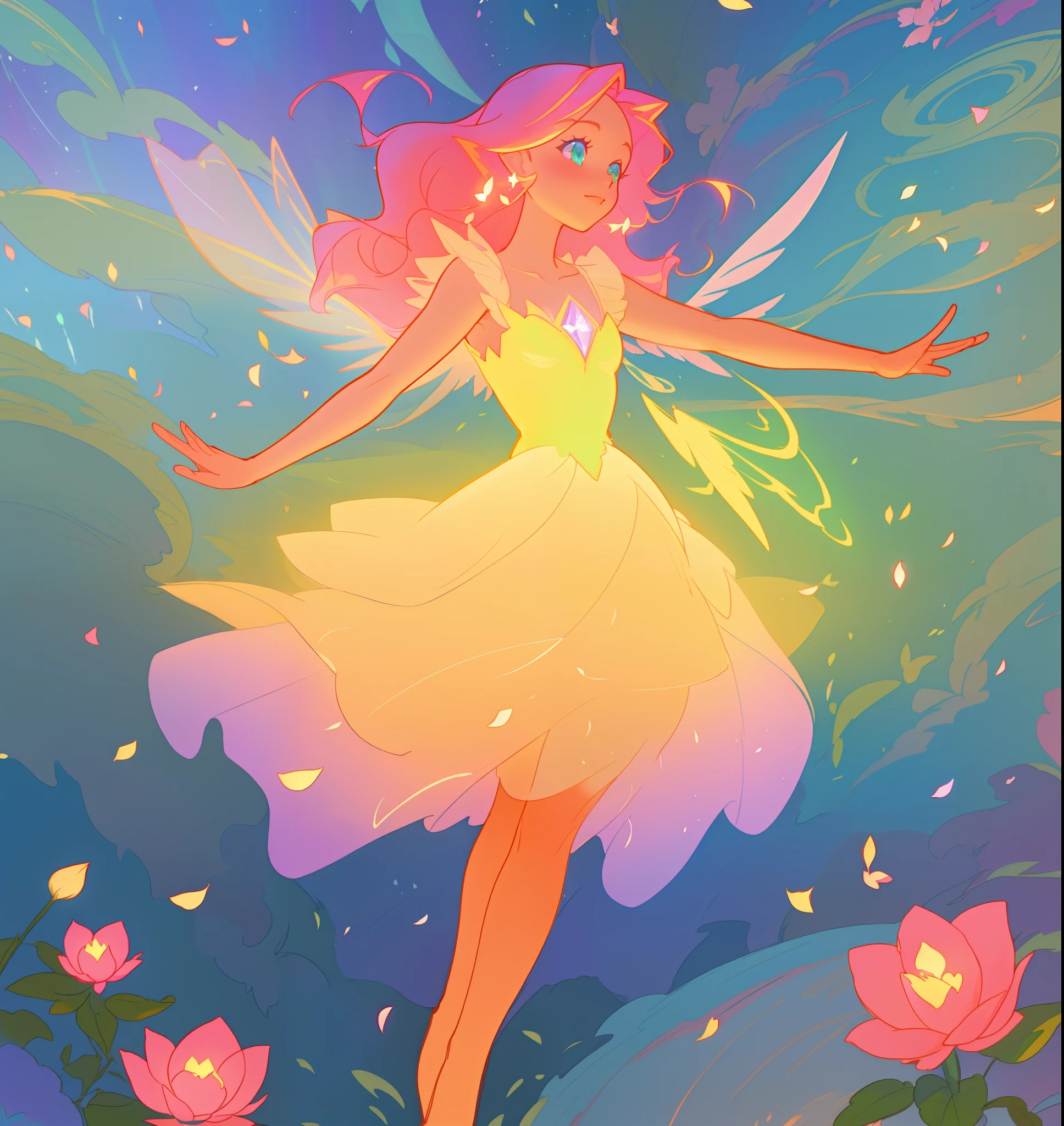 beautiful fairy girl in tiered layered dress, fairy dress made of flower petals, gradient layered tutu skirt, magical flowers, fairy queen, magical forest background, (glowing fairy wings), long wavy hair, sparkling fairy wings, watercolor illustration, flowers and colorful plants, inspired by Glen Keane, inspired by Lois van Baarle, disney art style, by Lois van Baarle, glowing aura around her, by Glen Keane, jen bartel, glowing lights! digital painting, flowing glowing hair, glowing flowing hair, beautiful digital illustration, fantasia otherworldly landscape plants flowers, beautiful, masterpiece, best quality, anime disney style