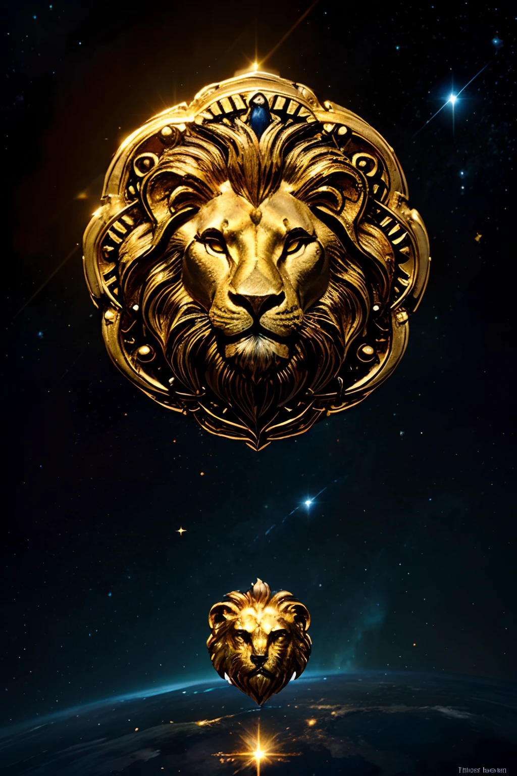 zodiac sign leo ( lion head ) made out of pure gold , carved effect in the middle of dark blue and black galaxy surrounded nebula and glowing planets