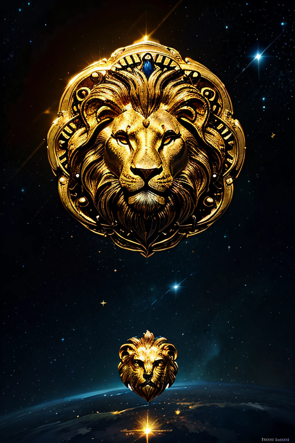 zodiac sign leo ( lion head ) made out of pure gold , carved effect in the middle of dark blue and black galaxy surrounded nebula and glowing planets