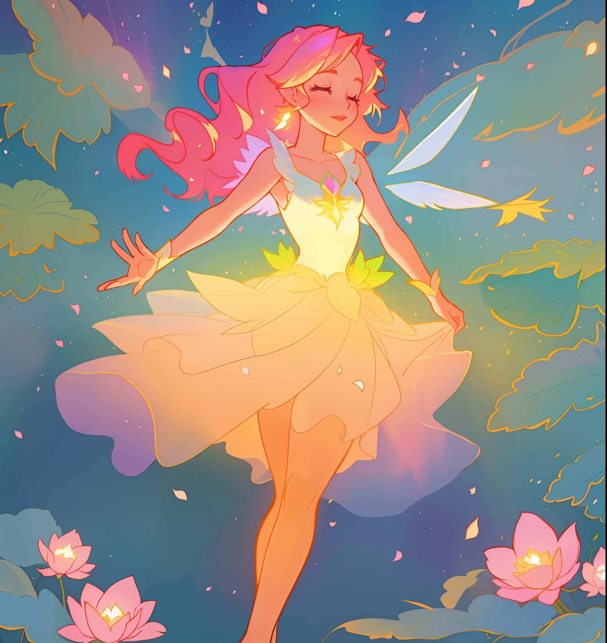 beautiful fairy girl in tiered layered dress, fairy dress made of flower petals, gradient layered tutu skirt, magical flowers, fairy queen, magical forest background, (glowing fairy wings), long wavy hair, sparkling fairy wings, watercolor illustration, flowers and colorful plants, inspired by Glen Keane, inspired by Lois van Baarle, disney art style, by Lois van Baarle, glowing aura around her, by Glen Keane, jen bartel, glowing lights! digital painting, flowing glowing hair, glowing flowing hair, beautiful digital illustration, fantasia otherworldly landscape plants flowers, beautiful, masterpiece, best quality, anime disney style