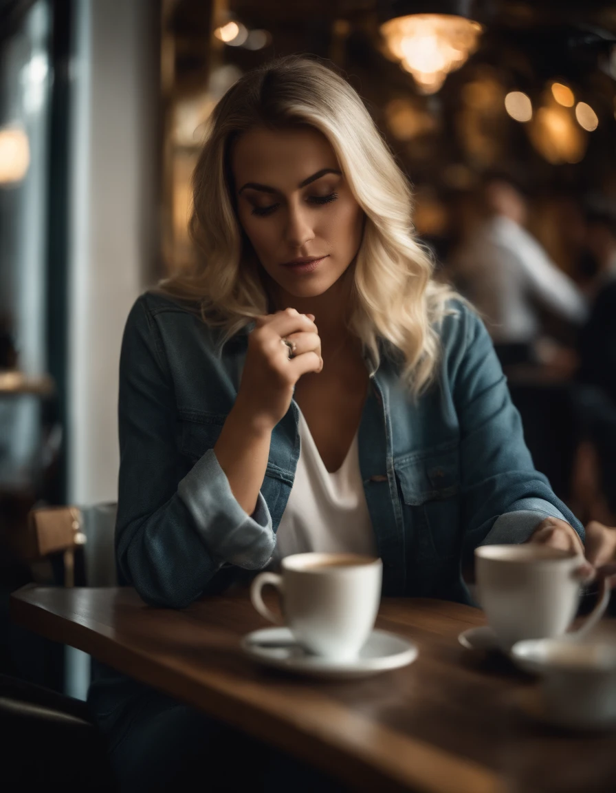 25-year-old woman drinking coffee in a trendy café, cabelos longos, blonde hair, roupas elegantes, jeans.