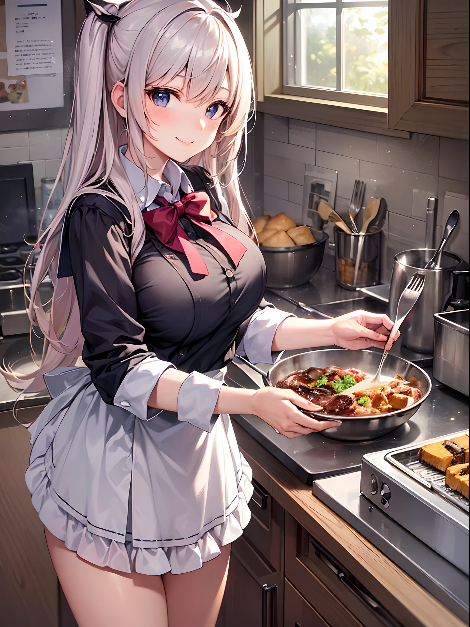 ((Finest quality)),(超A high resolution),(ultra-detailliert),((Best Anime)),sharpnes,Clair,Art with astounding depictions, (hi-school girl:1.3),Wearing an apron over a school uniform,huge tit,a smile, Preparing breakfast in the kitchen