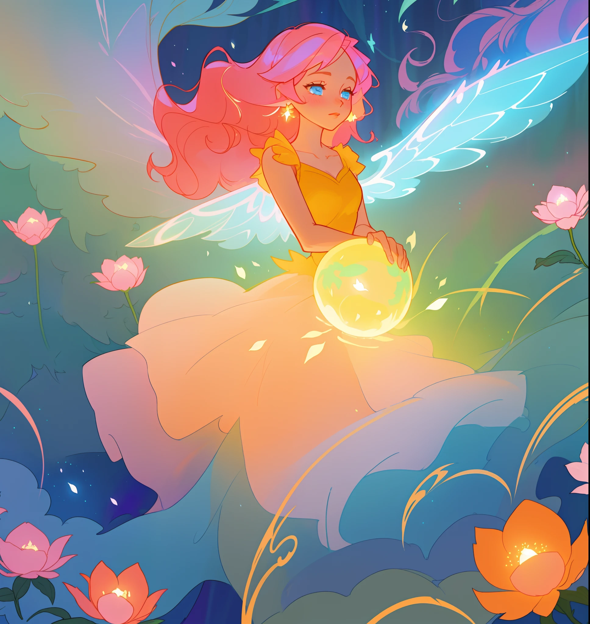 beautiful girl in flowing tiered layered ballgown dress, fairy dress, fairy queen, magical forest background, (glowing fairy wings), glowing flowing ballgown, long wavy hair, sparkling fairy wings, watercolor illustration, flowers and colorful plants, inspired by Glen Keane, inspired by Lois van Baarle, disney art style, by Lois van Baarle, glowing aura around her, by Glen Keane, jen bartel, glowing lights! digital painting, flowing glowing hair, glowing flowing hair, beautiful digital illustration, fantasia otherworldly landscape plants flowers, beautiful, masterpiece, best quality, anime disney style