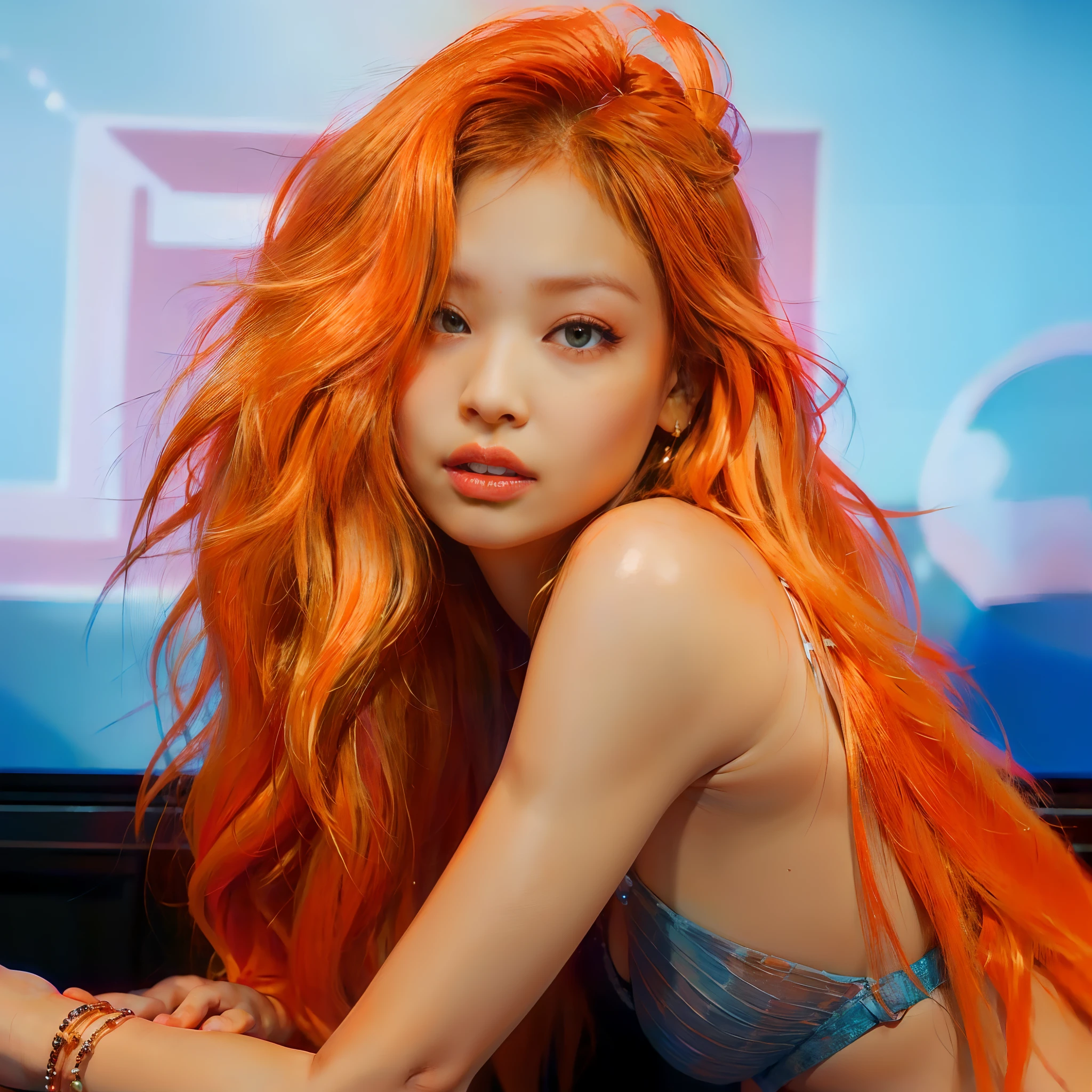 Hay una mujer de pelo naranja posando frente a un televisor, piel naranja y cabello largo y ardiente, cabello naranja brillante, cabello naranja, cabello naranja que fluye, Pelo largo de color naranja, Cabello largo y ondulado de color naranja, Ella tiene el pelo largo redorange, cabello naranja brillante, Cabello de fuego, cabeza naranja, Hermosa obra de arte digital, deviantart artstation cgscosiety, Cabello ondulado de jengibre