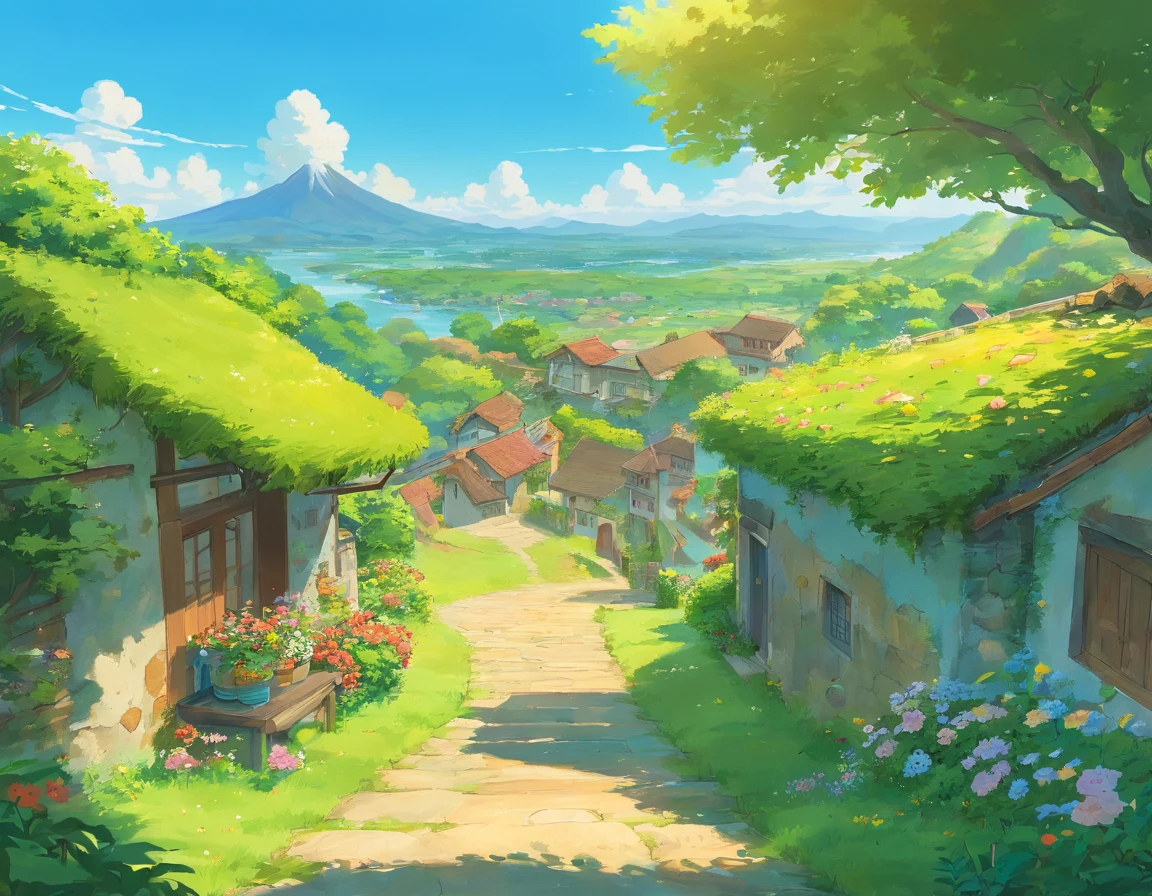 A landscape of a peaceful world, Flores silvestres, The sun shines in the blue sky, uma casa e um campo ao fundo, In the distance Um homem de cabelos castanhos escuros curtos e roupas claras olha para a paisagem acompanhado de seu gato preto, obra-prima, alta qualidade, no estilo de paisagens de jardim tranquilo.
