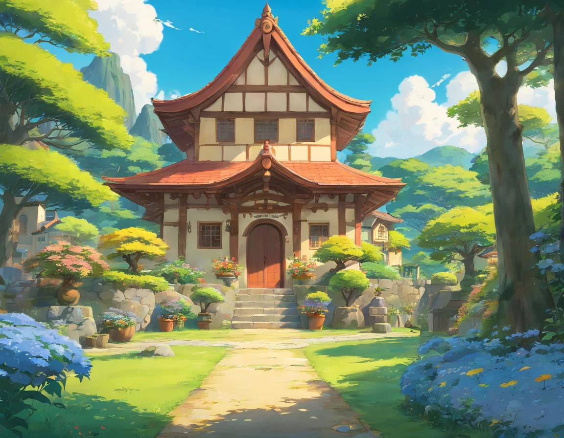 A landscape of a peaceful world, Flores silvestres, The sun shines in the blue sky, uma casa e um campo ao fundo, In the distance Um homem de cabelos castanhos escuros curtos e roupas claras olha para a paisagem acompanhado de seu gato preto, obra-prima, alta qualidade, no estilo de paisagens de jardim tranquilo.