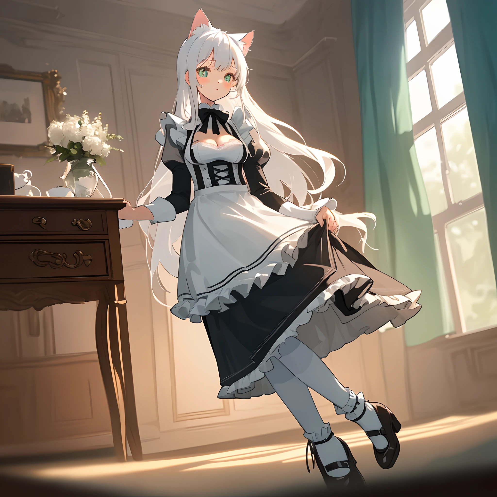 quadratic element,anime big breast, Facial anime,The light is gentle,younger female,s girl,16 yaers old,Natural expression,with soft colors, Background bokeh, visual depth, Background bokeh, Wide angle lens, full bodyesbian, standing on your feet,One guy(16 yte, Lori huge breasts cleavage, Flat chest, Cat ears), 1girll,Emerald blue pupils,long white hair,White cat ears(lolita fashion: , (Lace, frilld,Black and white petticoats,the maid outfit,Long white socks,White tube socks,Lace,White suspender stockings leather footwear), In the room,Study room,Desk style