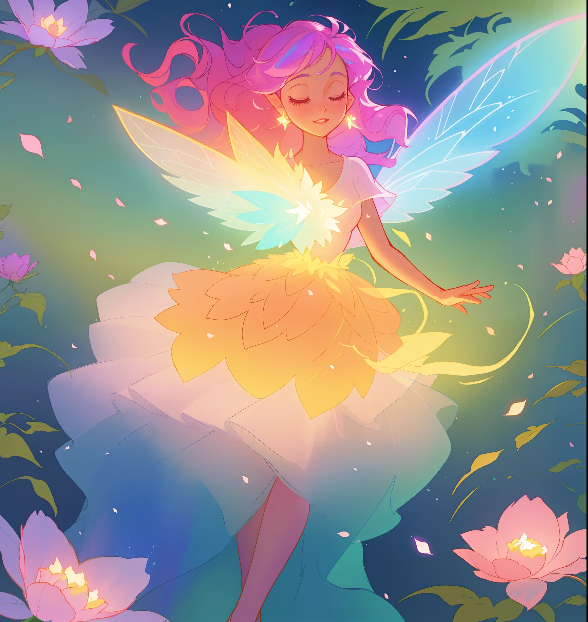 beautiful fairy girl in tiered layered dress, fairy dress made of flower petals, gradient layered tutu skirt, magical flowers, fairy queen, magical forest background, (glowing fairy wings), long wavy hair, sparkling fairy wings, watercolor illustration, flowers and colorful plants, inspired by Glen Keane, inspired by Lois van Baarle, disney art style, by Lois van Baarle, glowing aura around her, by Glen Keane, jen bartel, glowing lights! digital painting, flowing glowing hair, glowing flowing hair, beautiful digital illustration, fantasia otherworldly landscape plants flowers, beautiful, masterpiece, best quality, anime disney style