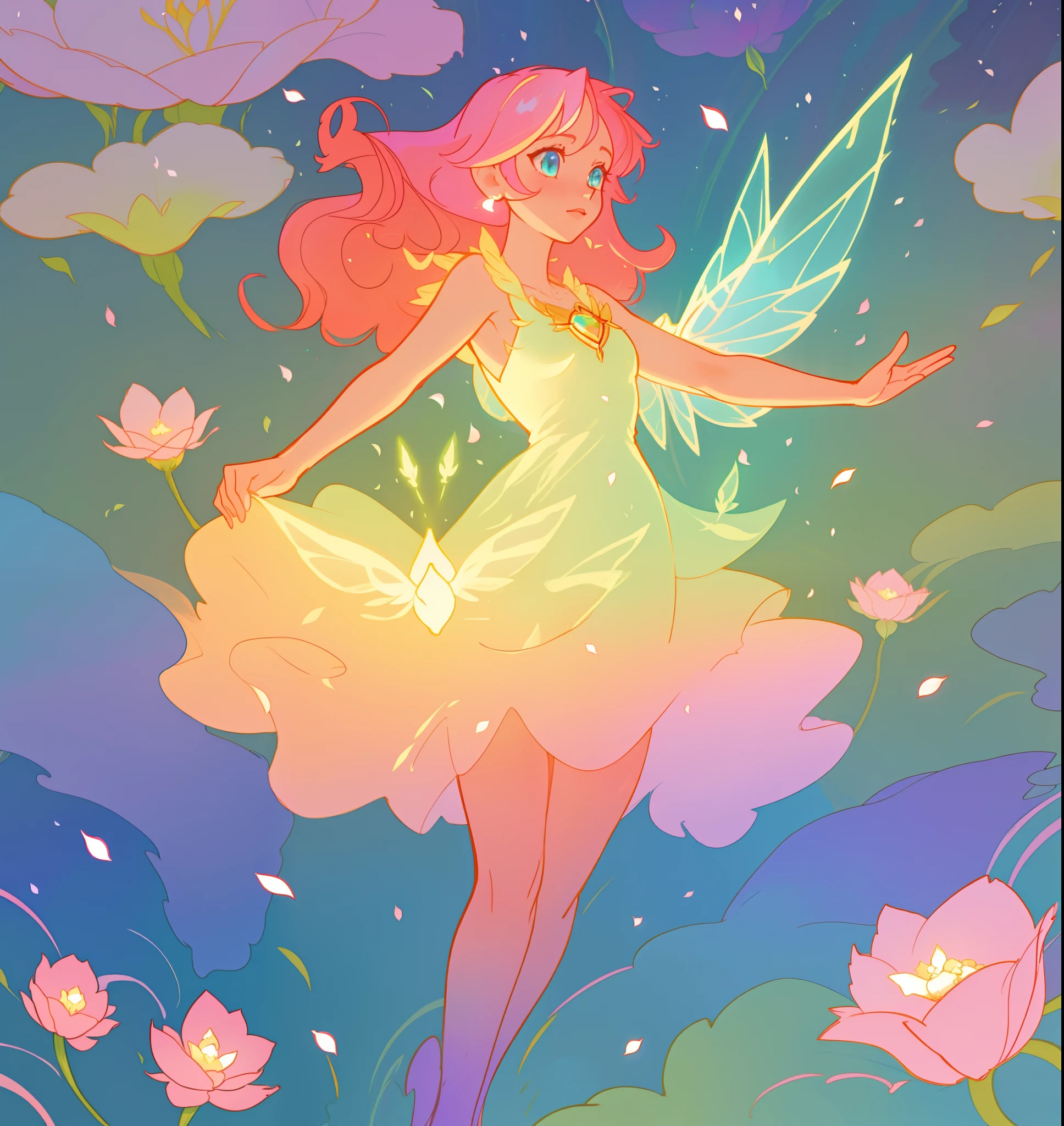 beautiful fairy girl in tiered layered dress, fairy dress made of flower petals, gradient layered tutu skirt, magical flowers, fairy queen, magical forest background, (glowing fairy wings), long wavy hair, sparkling fairy wings, watercolor illustration, flowers and colorful plants, inspired by Glen Keane, inspired by Lois van Baarle, disney art style, by Lois van Baarle, glowing aura around her, by Glen Keane, jen bartel, glowing lights! digital painting, flowing glowing hair, glowing flowing hair, beautiful digital illustration, fantasia otherworldly landscape plants flowers, beautiful, masterpiece, best quality, anime disney style