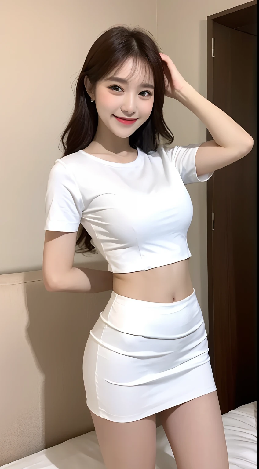 White tight shirt、White tight mini skirt、a bed、a smile、shortsleeves、high-level image quality