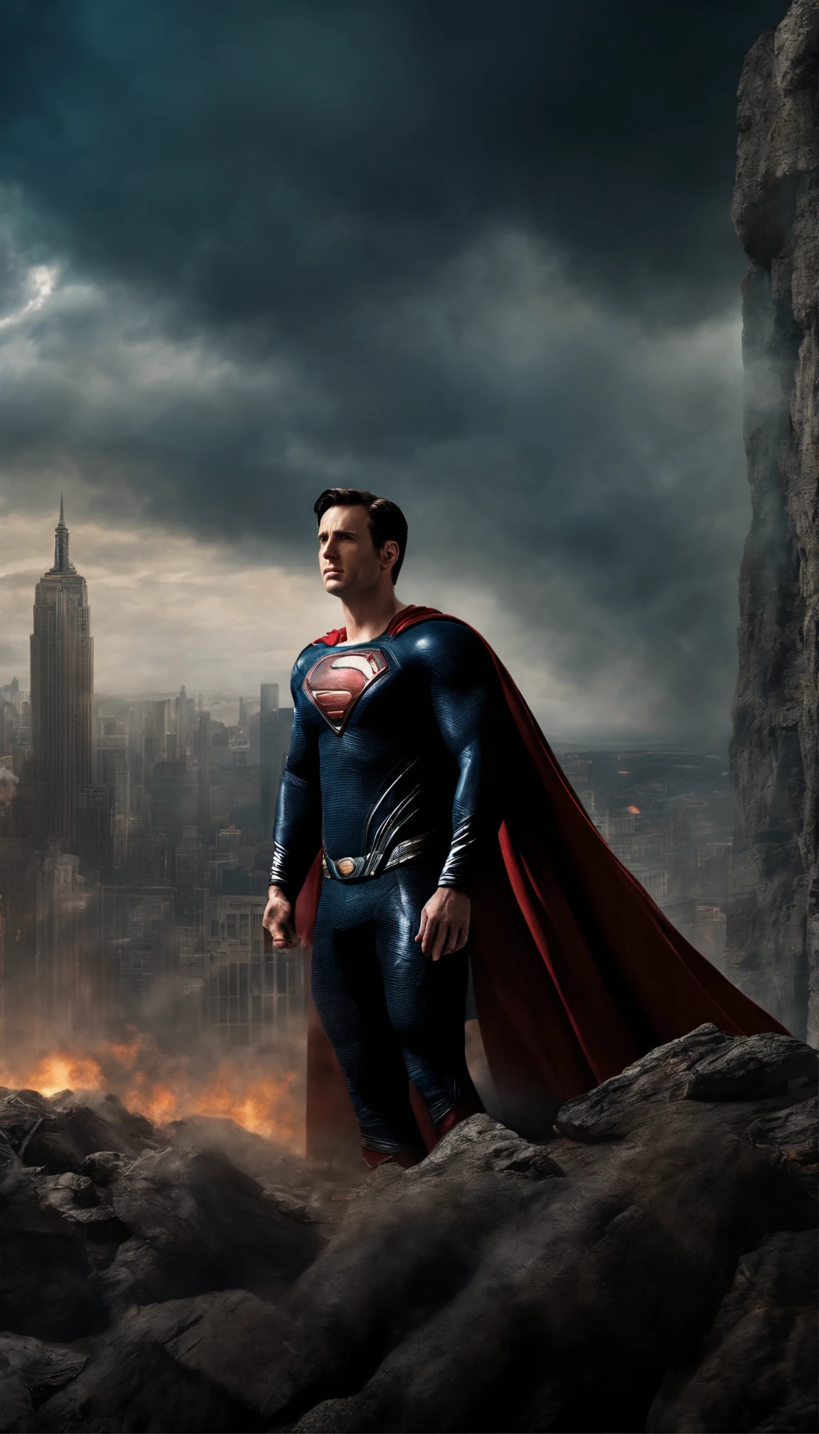 Chris Evans como Superman, destroyed scenery, realista, 4k, Lots of details in the scenery