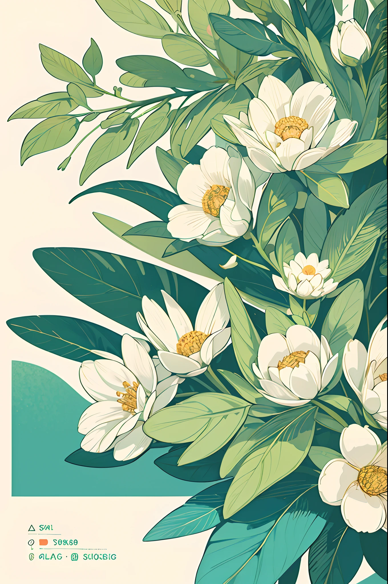 Slight vintage color,planar,,RISO print style,illustration,adolable,Leave white space,low-saturation,Lots of flowers，Individually arranged，leafs，branches，Printing， a sticker，Random distribution，Lovely drawing style， Color guide，Graphic design，Carpet pattern，（solid color backdrop）