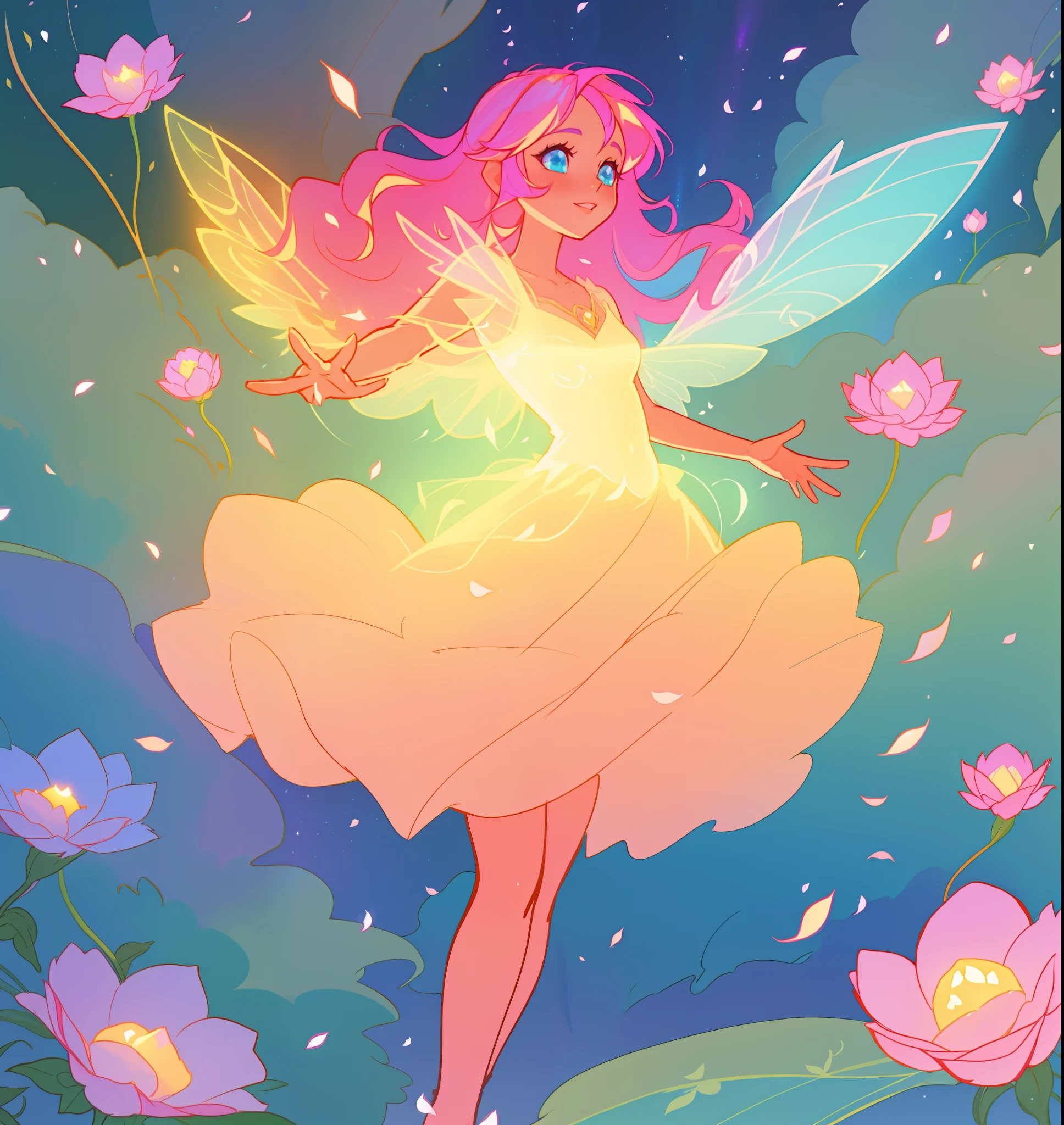 beautiful fairy girl in tiered layered dress, fairy dress made of flower petals, gradient layered tutu skirt, magical flowers, fairy queen, magical forest background, (glowing fairy wings), long wavy hair, sparkling fairy wings, watercolor illustration, flowers and colorful plants, inspired by Glen Keane, inspired by Lois van Baarle, disney art style, by Lois van Baarle, glowing aura around her, by Glen Keane, jen bartel, glowing lights! digital painting, flowing glowing hair, glowing flowing hair, beautiful digital illustration, fantasia otherworldly landscape plants flowers, beautiful, masterpiece, best quality, anime disney style