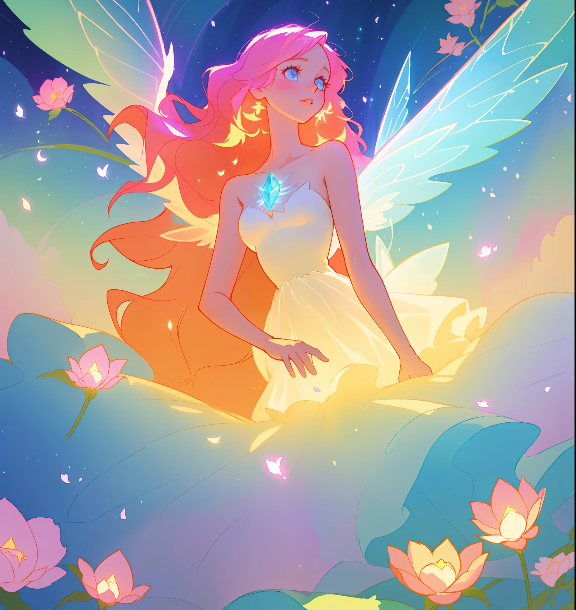 beautiful girl in flowing tiered layered ballgown dress, fairy dress, fairy queen, magical forest background, (glowing fairy wings), glowing flowing ballgown, long wavy hair, sparkling fairy wings, watercolor illustration, flowers and colorful plants, inspired by Glen Keane, inspired by Lois van Baarle, disney art style, by Lois van Baarle, glowing aura around her, by Glen Keane, jen bartel, glowing lights! digital painting, flowing glowing hair, glowing flowing hair, beautiful digital illustration, fantasia otherworldly landscape plants flowers, beautiful, masterpiece, best quality, anime disney style