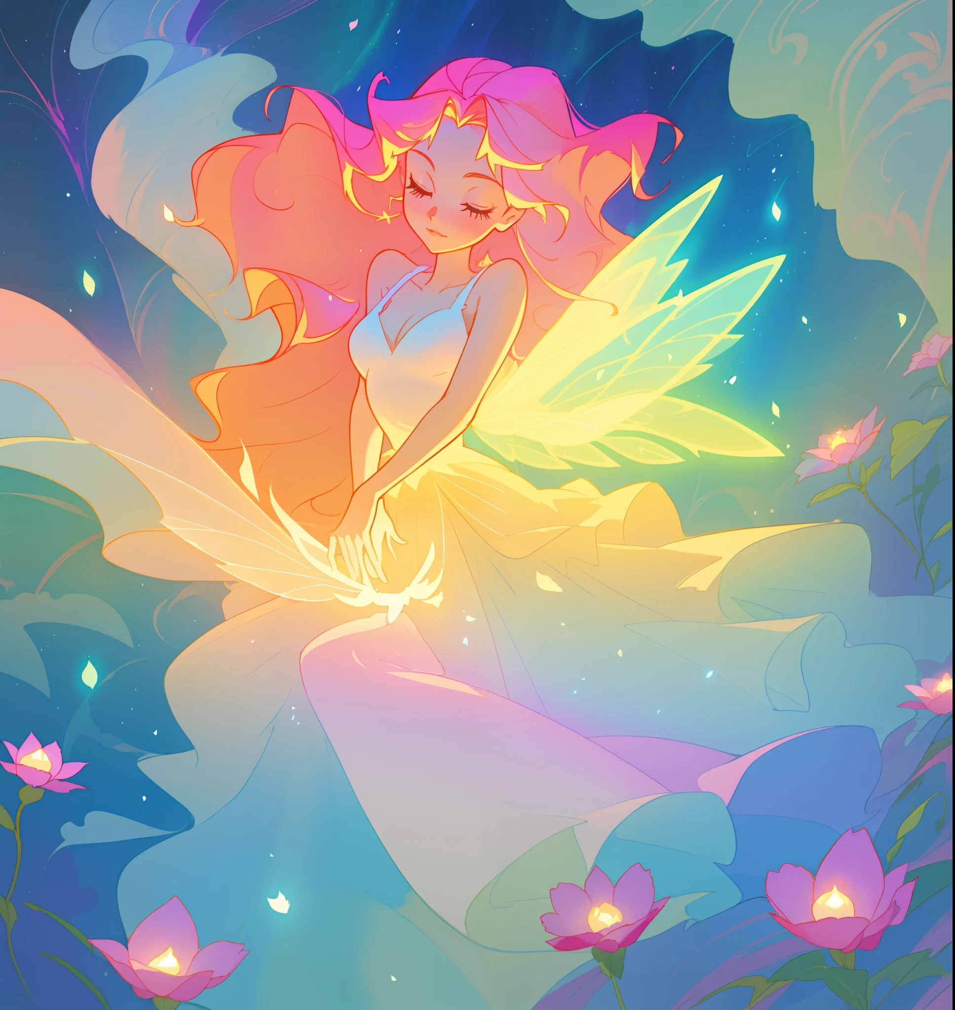 beautiful girl in flowing tiered layered ballgown dress, fairy dress, fairy queen, magical forest background, (glowing fairy wings), glowing flowing ballgown, long wavy hair, sparkling fairy wings, watercolor illustration, flowers and colorful plants, inspired by Glen Keane, inspired by Lois van Baarle, disney art style, by Lois van Baarle, glowing aura around her, by Glen Keane, jen bartel, glowing lights! digital painting, flowing glowing hair, glowing flowing hair, beautiful digital illustration, fantasia otherworldly landscape plants flowers, beautiful, masterpiece, best quality, anime disney style