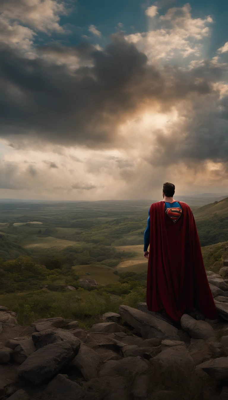 Chris Evans como Superman, destroyed scenery, realista, 4k, Lots of details in the scenery, clouded skies