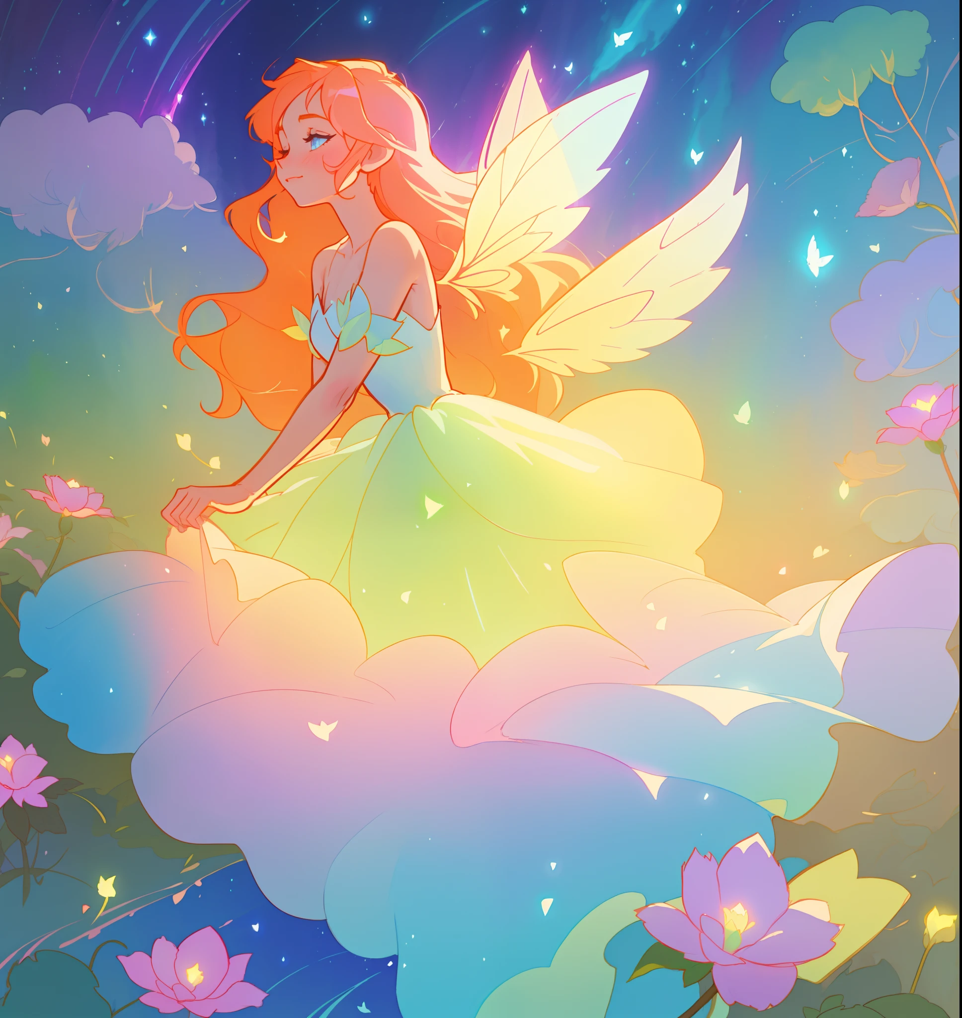 beautiful girl in flowing tiered layered ballgown dress, fairy dress, fairy queen, magical forest background, (glowing fairy wings), glowing flowing ballgown, long wavy hair, sparkling fairy wings, watercolor illustration, flowers and colorful plants, inspired by Glen Keane, inspired by Lois van Baarle, disney art style, by Lois van Baarle, glowing aura around her, by Glen Keane, jen bartel, glowing lights! digital painting, flowing glowing hair, glowing flowing hair, beautiful digital illustration, fantasia otherworldly landscape plants flowers, beautiful, masterpiece, best quality, anime disney style