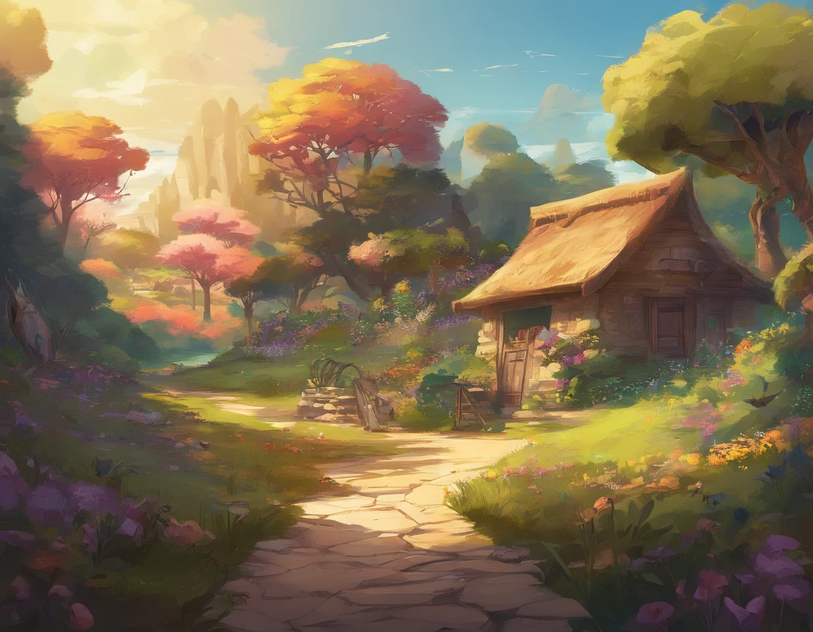A landscape of a peaceful world, Flores silvestres, The sun shines in the blue sky, uma casa e um campo ao fundo, In the distance Um homem de cabelos castanhos escuros curtos e roupas claras olha para a paisagem acompanhado de seu gato preto, obra-prima, alta qualidade, no estilo de paisagens de jardim tranquilo.