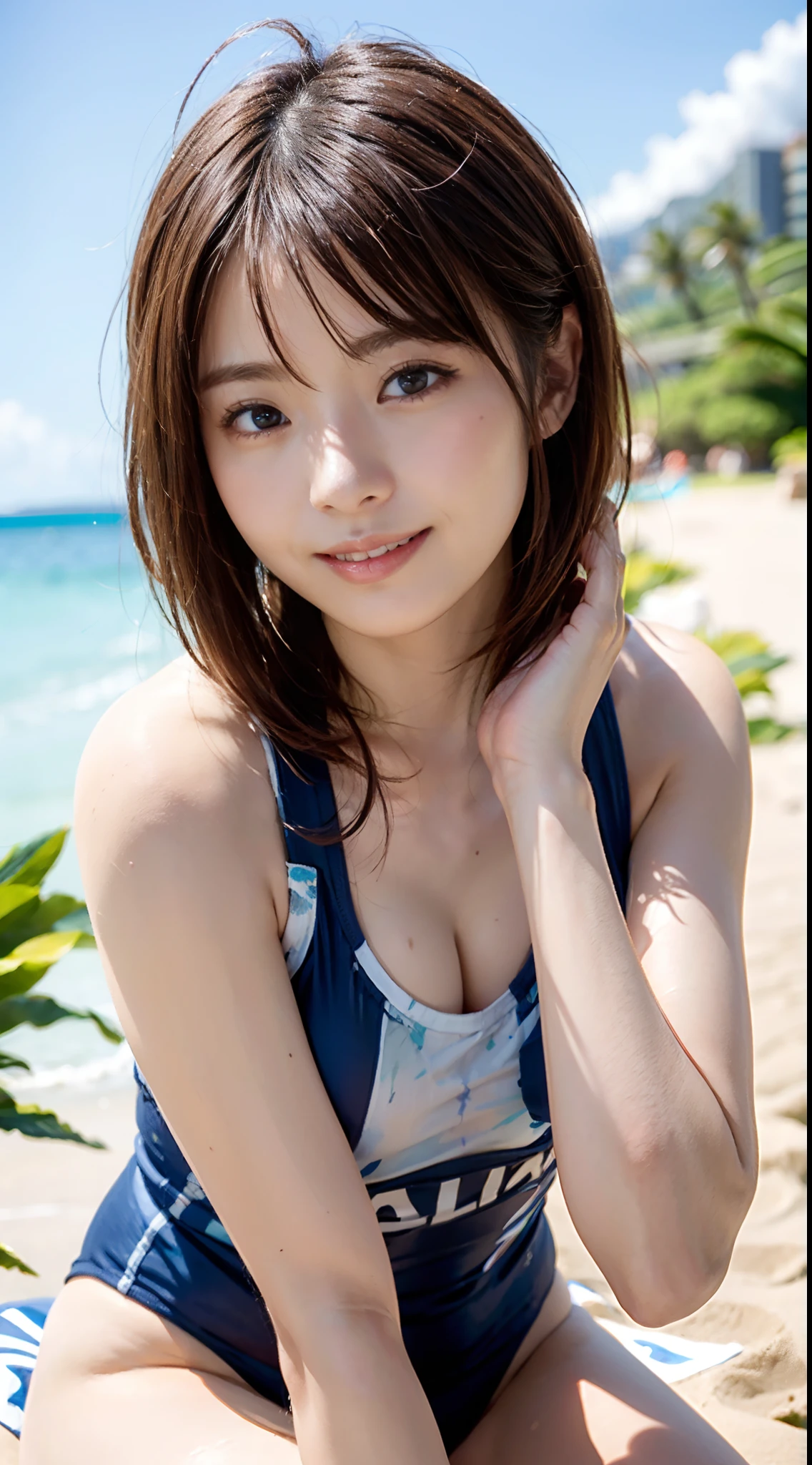 8k, (best quality), (masterpiece), (walk on the beach), (full body), very detailed, high resolution, 8k, thin lips, detailed face, cute Japanese woman, cute 24 year old beauty, beautiful and graceful face, Cute face, natural bangs, arched eyebrows, well-groomed eyebrows, (big eyes with balanced left and right sides), cute eyes, beautiful eyes, beautiful thin nose, beautiful face line, (beautiful skin), medium bob hair, natural bangs, Slim face, slim figure, (looking at the camera with a gentle smile), lighting on the face, bright lighting, professional lighting, forward lighting, a swimsuit that looks like underwear, beautiful legs, smooth skin, slim and beautiful thighs, ((wearing a random color ultra micro bikini with lace)), a summer morning, ((light shining on my face)), 1 girl, cute and sexy slim 24 year old woman, fair skin, (cute smile), pure white beautiful sand, tropical beach, side tie panties,