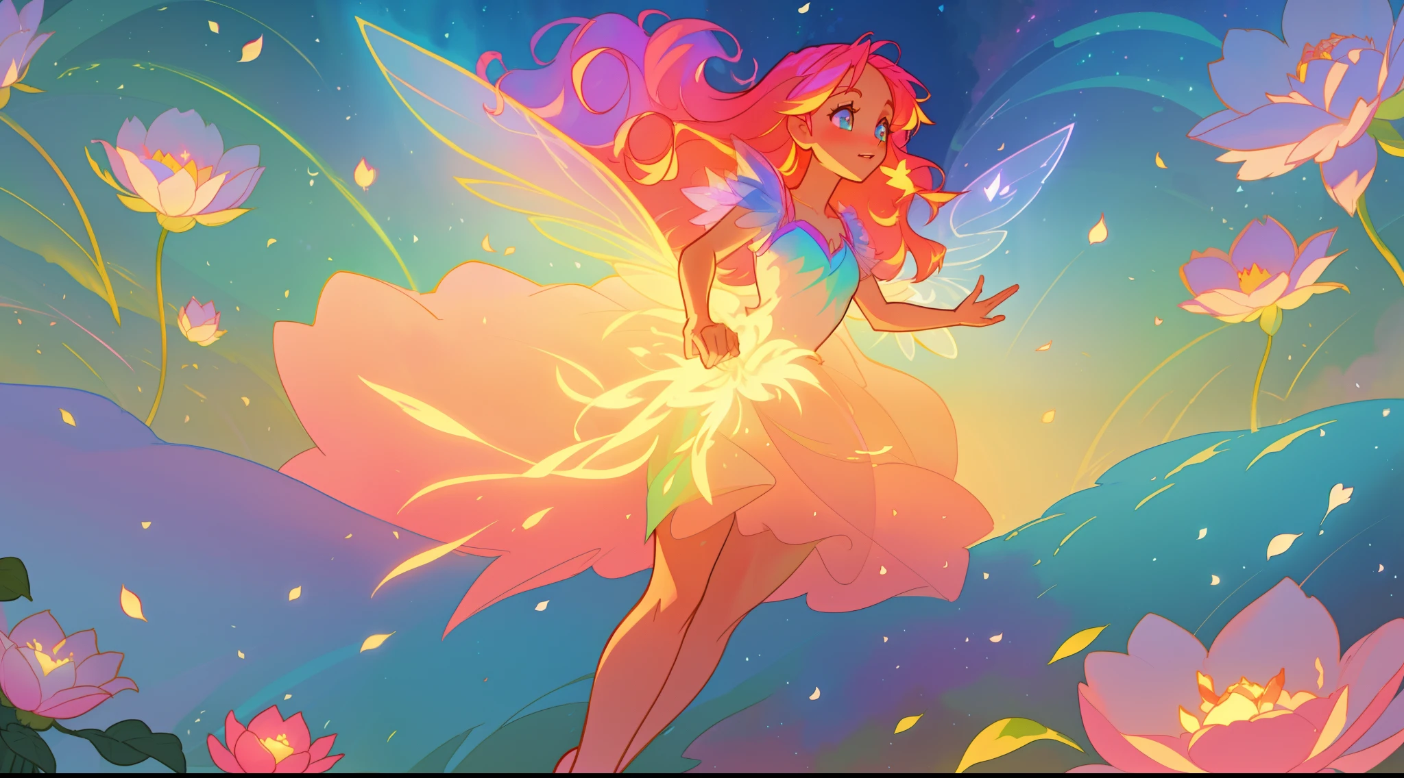 beautiful fairy girl in tiered layered dress, fairy dress made of flower petals, gradient layered tutu skirt, magical flowers, fairy queen, magical forest background, (glowing fairy wings), long wavy hair, sparkling fairy wings, watercolor illustration, flowers and colorful plants, inspired by Glen Keane, inspired by Lois van Baarle, disney art style, by Lois van Baarle, glowing aura around her, by Glen Keane, jen bartel, glowing lights! digital painting, flowing glowing hair, glowing flowing hair, beautiful digital illustration, fantasia otherworldly landscape plants flowers, beautiful, masterpiece, best quality, anime disney style