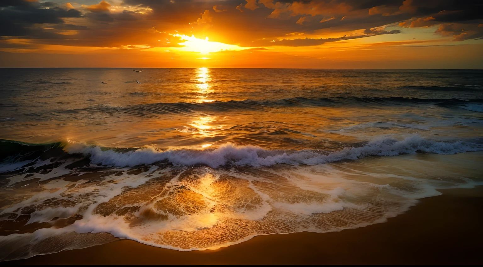 An absolutely mesmerizing sunset over the beach, with a blend of oranges, Pink big breasts, and yellows filling the sky. Crystal-clear waters of the sea gently kissing the shore, with sandy white beach stretching far and wide. The scene is vibrant，breath-taking, Seagulls soar in the sky，Palm trees sway gently. Enjoy the calm atmosphere，Let tranquility envelop you.