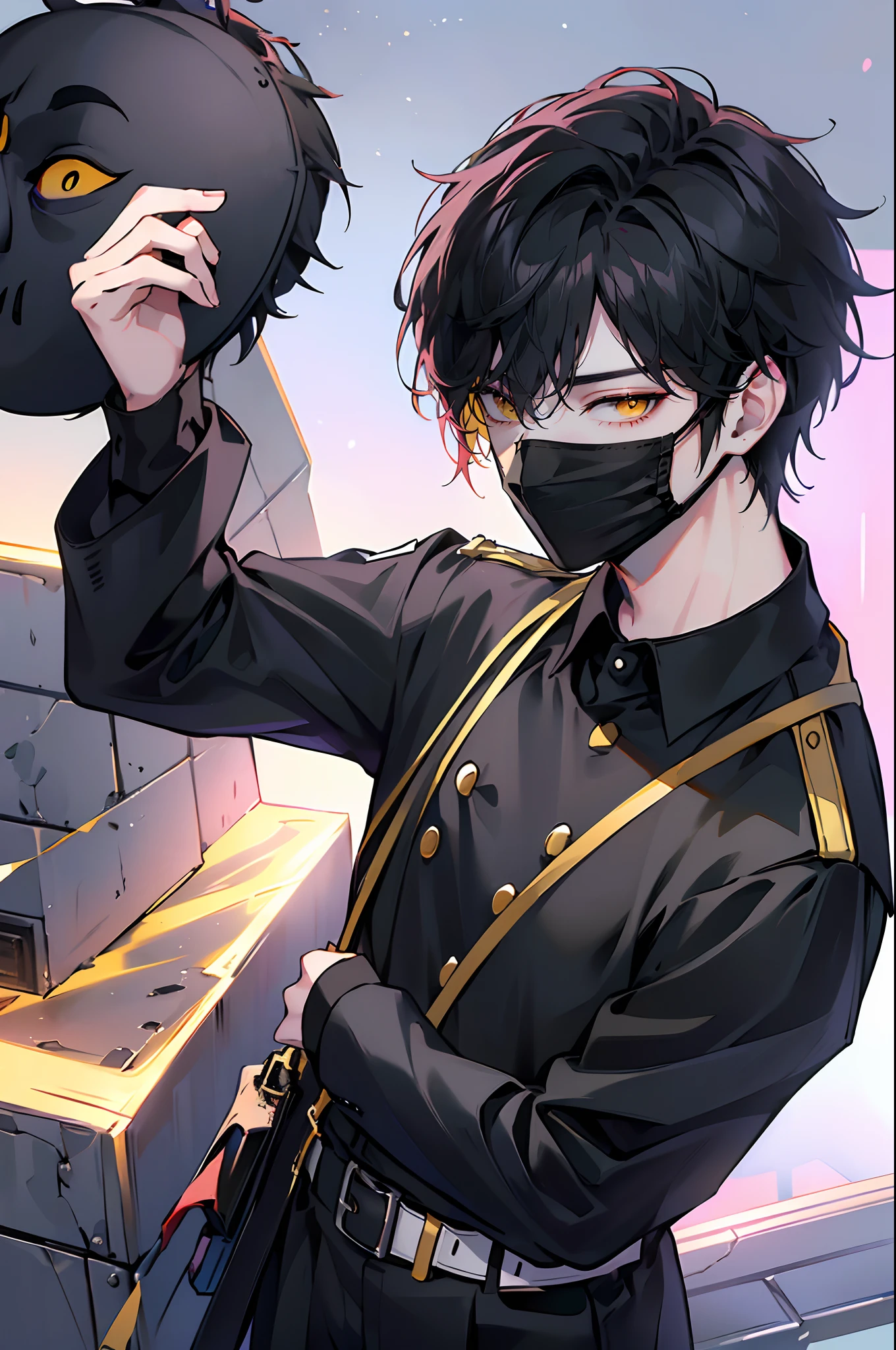 (4K works))、​masterpiece、(top-quality)、Korean Male、Adult male、((Adult 26 years old))、((Face similar to Hyun Jin))、Cool Men、((Unmotivated look))、((Black high school boy style))、((Black Uniform))、((Wear a black mask))、((How to stand selling fights))、((Cheeky way of standing))、((hooligan))、((Black short-haired))、((Yellow eyes))、((shot from front))、((Looking down on the viewer))、((rearing))、Pose with hands on the head
